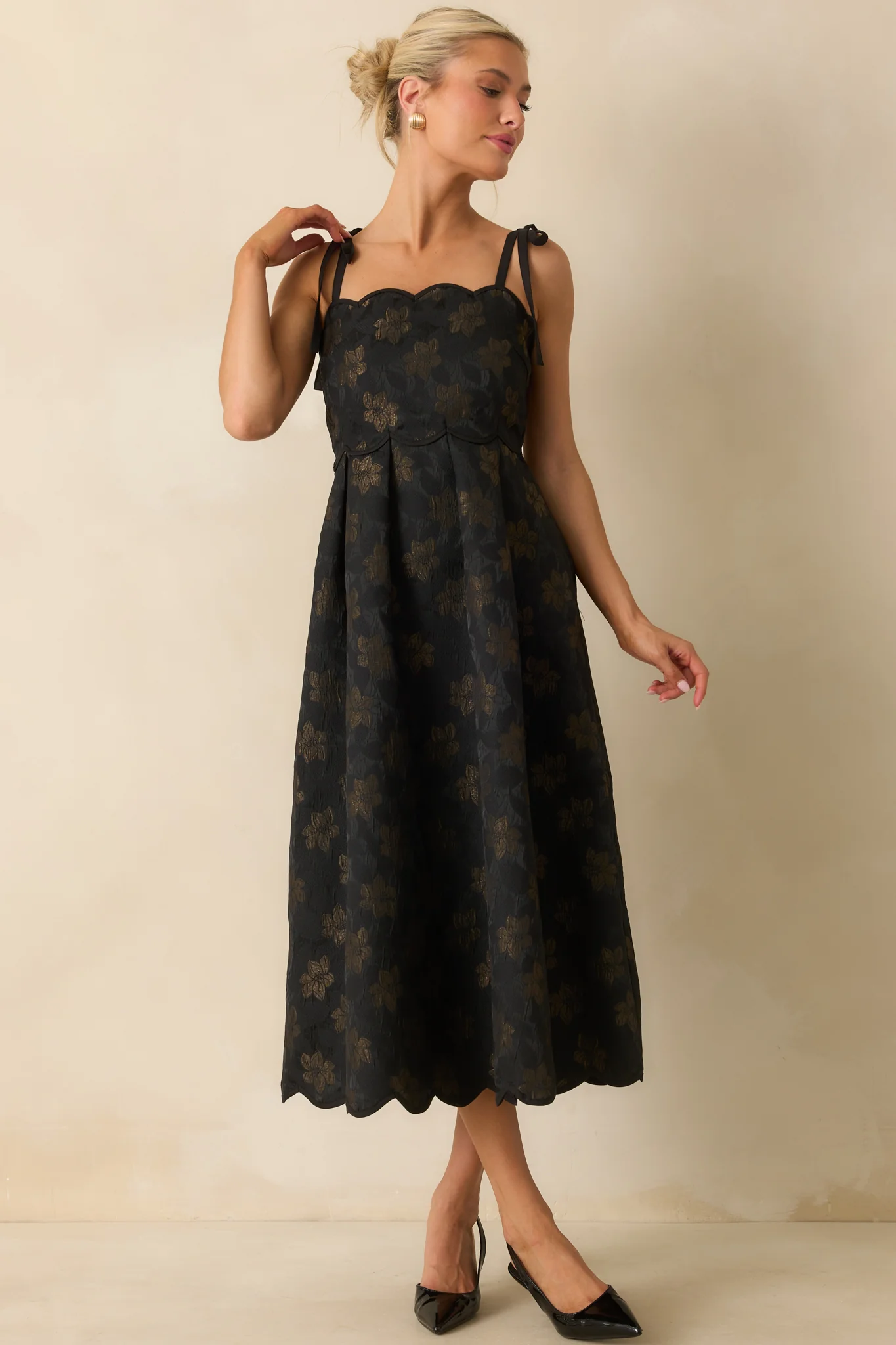 No Better Way Black Floral Jacquard Scallop Hem Midi Dress
