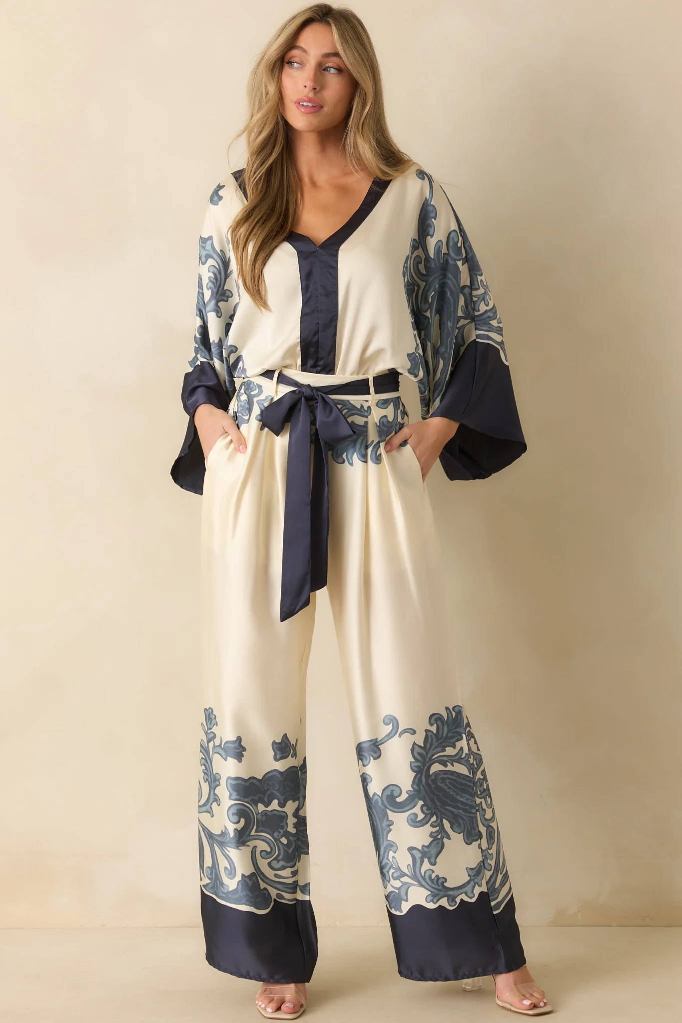 Navy Multi Print Belted Wide Leg Pants