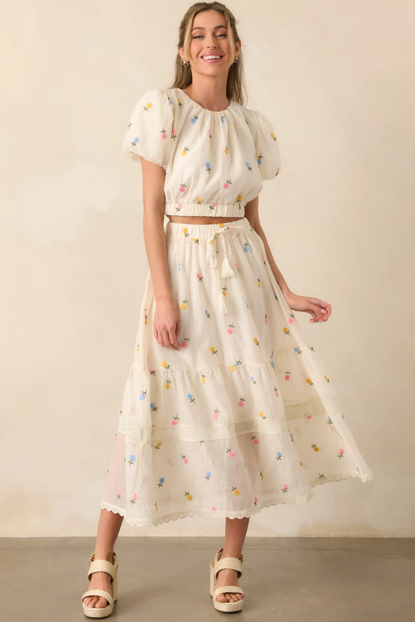 Stay Resilient Ivory Floral Embroidered Puff Sleeve Top