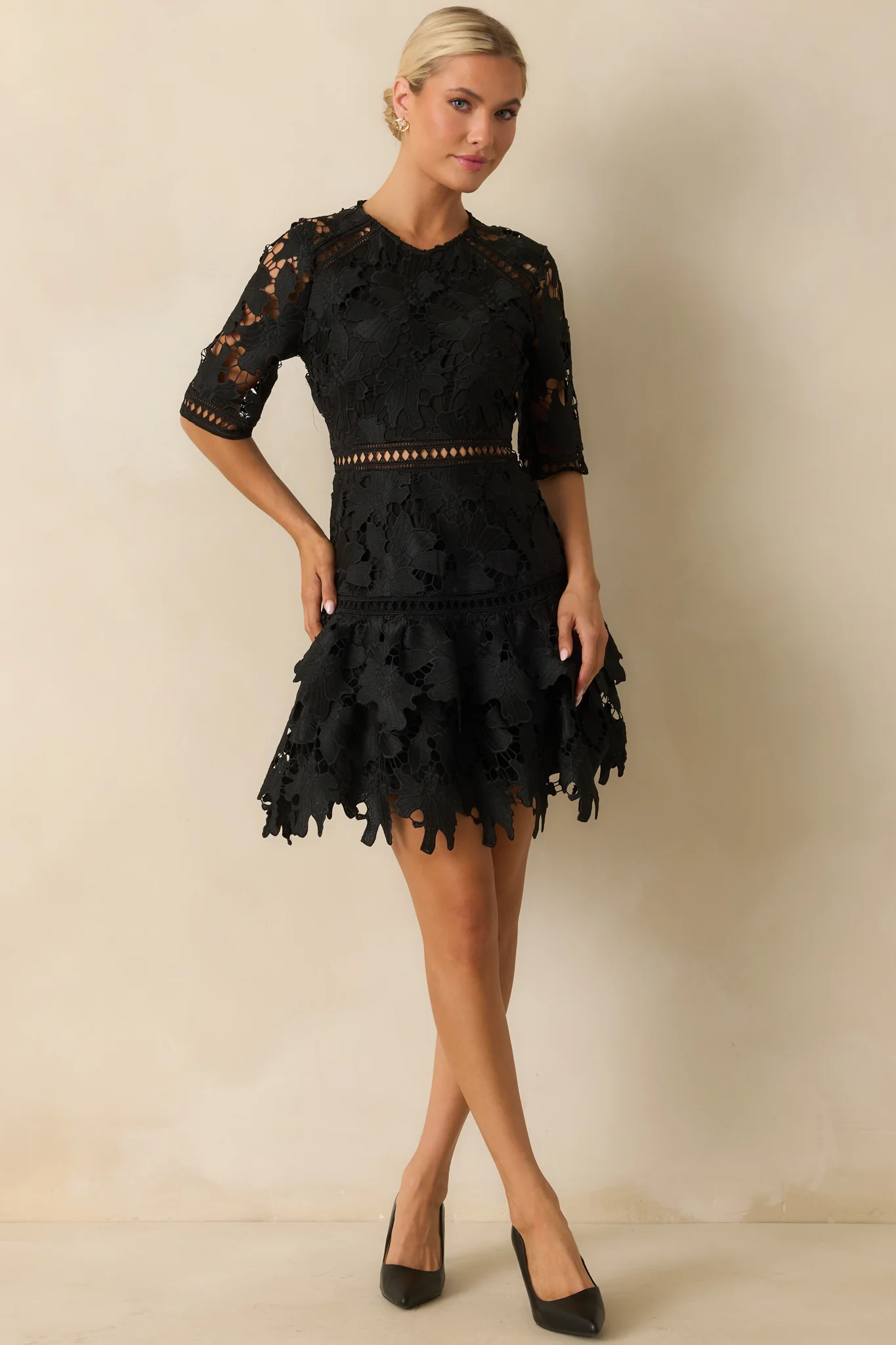 No Compromise Black Floral Guipure Lace Scallop Hem Mini Dress