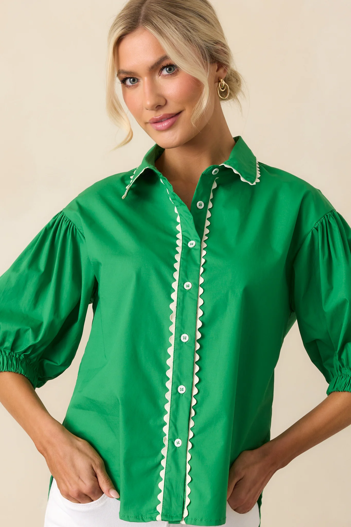 A Twist On Classic Green Cotton Button Front Top