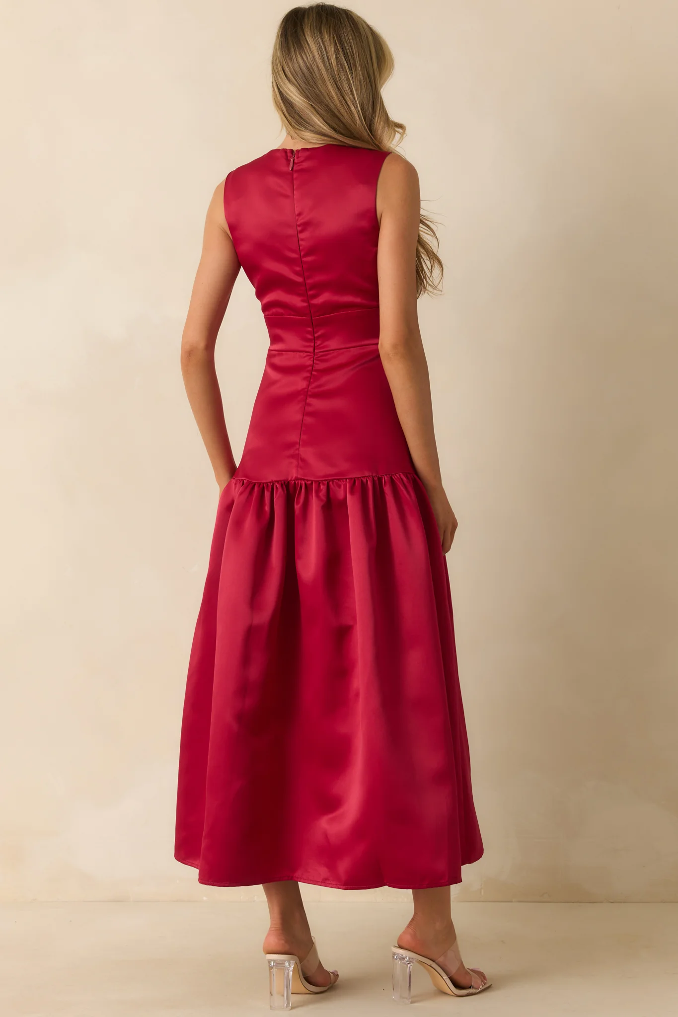 Never Out Of Reach Red Satin Sleeveless Drop Waist Maxi Dress