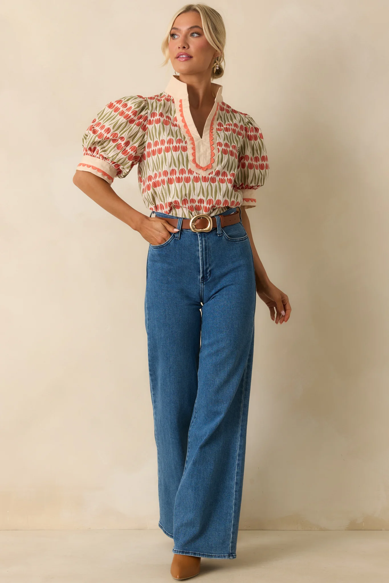 She’s Got Time Ivory Tulip Floral Print Cotton Puff Sleeve Top