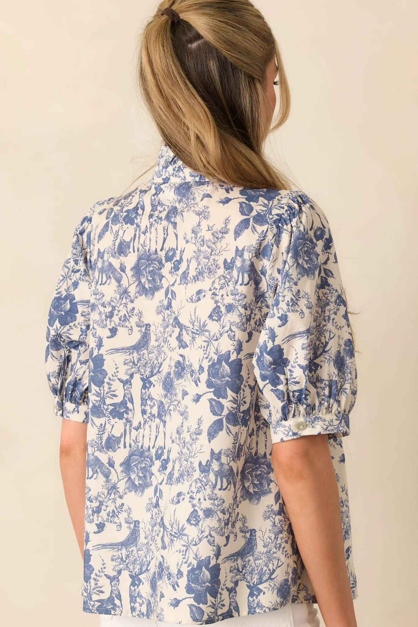 Blue Cotton Toile Half Sleeve Top