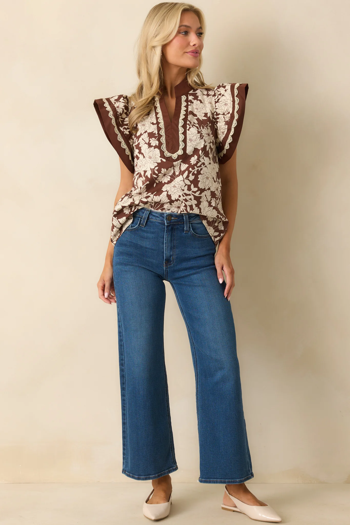 You Know The Rest Brown Floral Print Cotton Flutter Sleeve Top