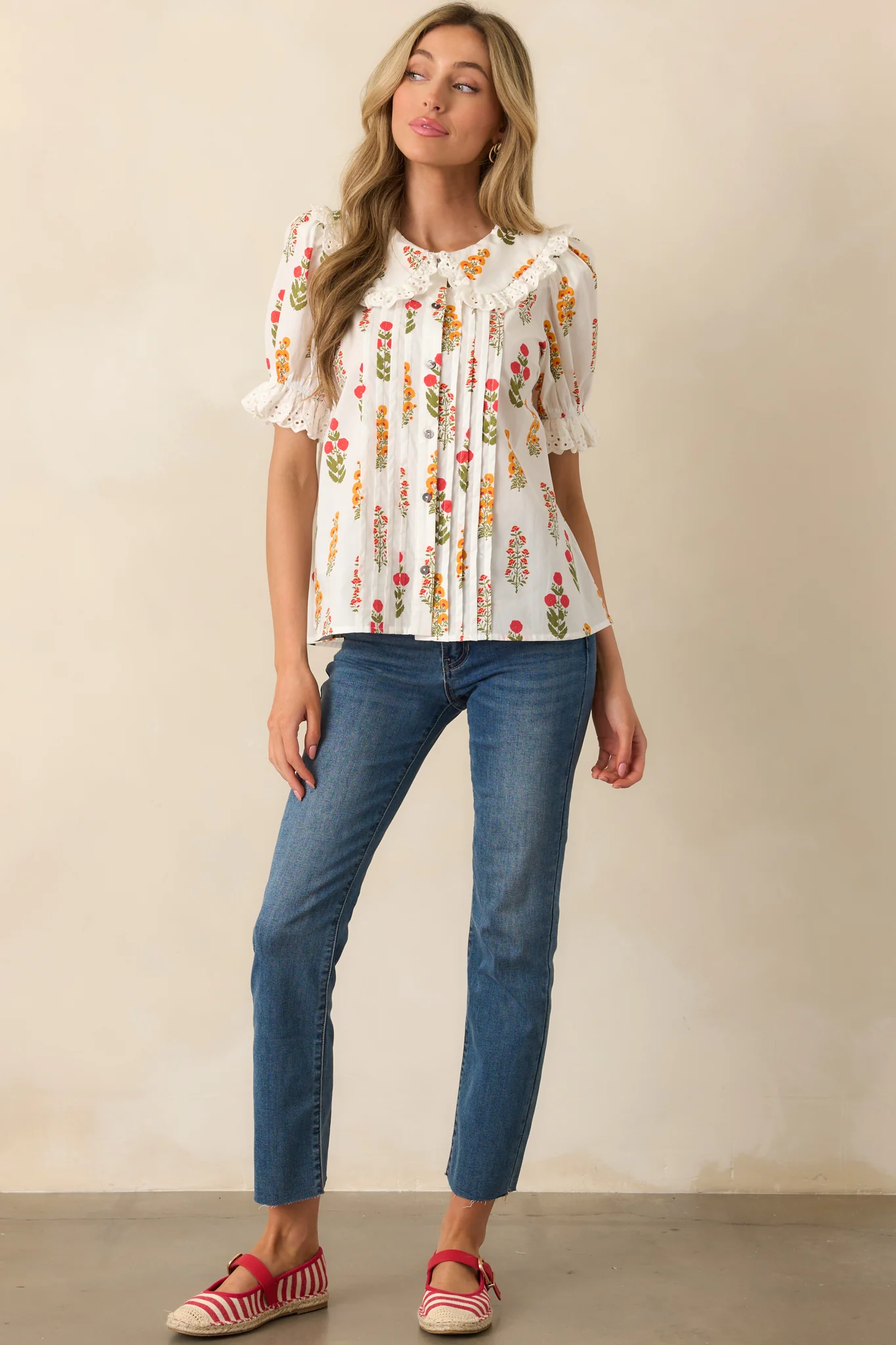 Some Things Take Time Red Floral Cotton Button Front Top