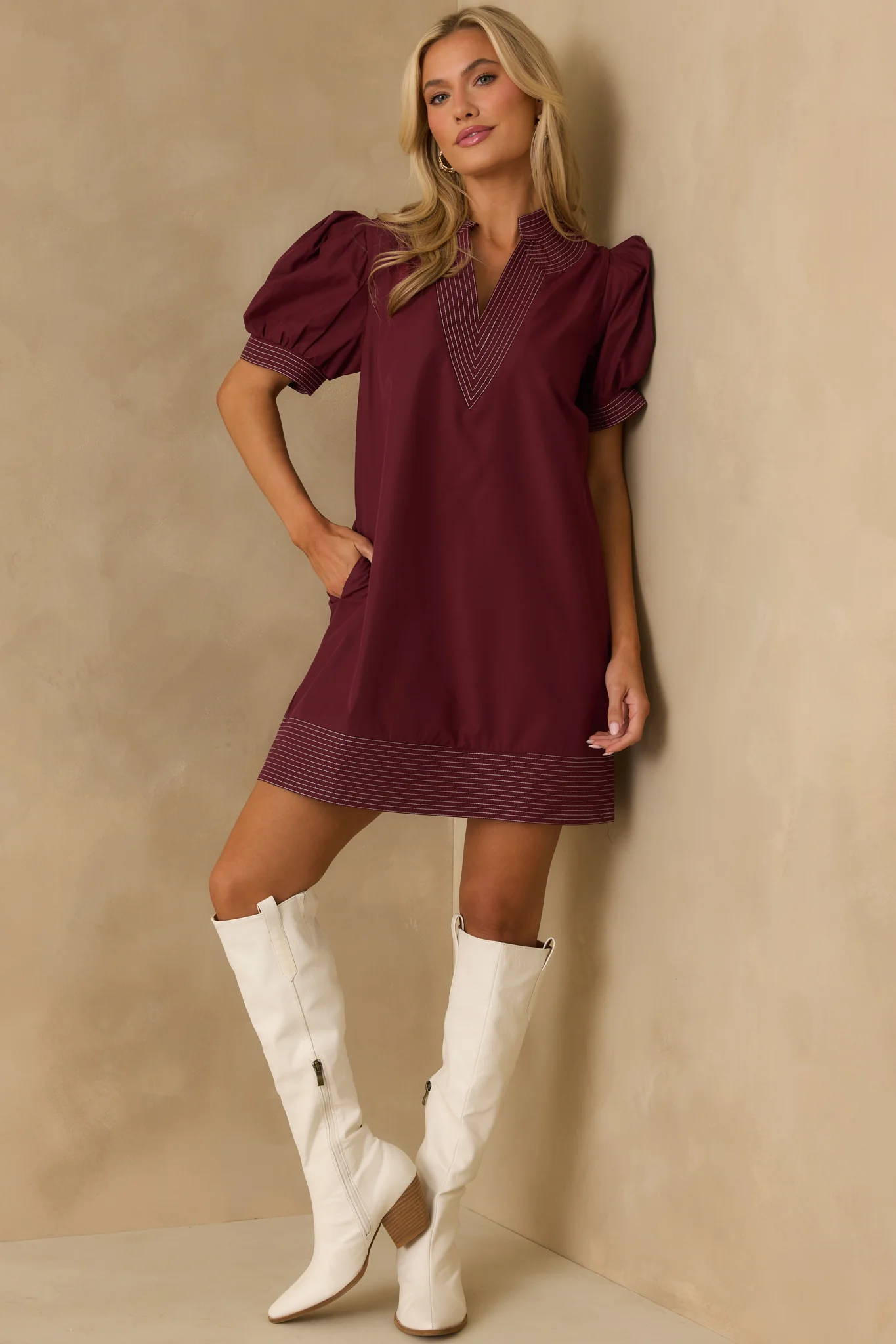 Took The Right Turn Burgundy Cotton Puff Sleeve Mini Dress