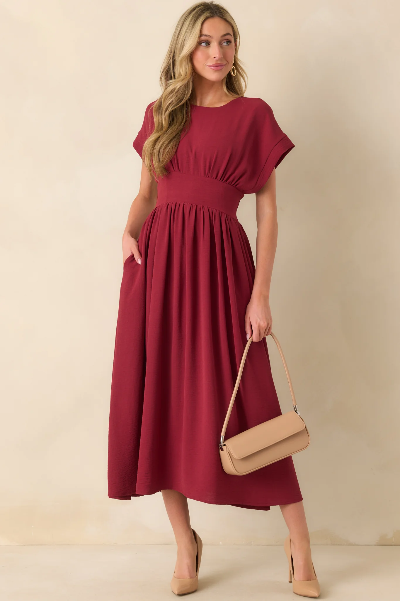 Faded Photographs Burgundy Chiffon Cap Sleeve Maxi Dress