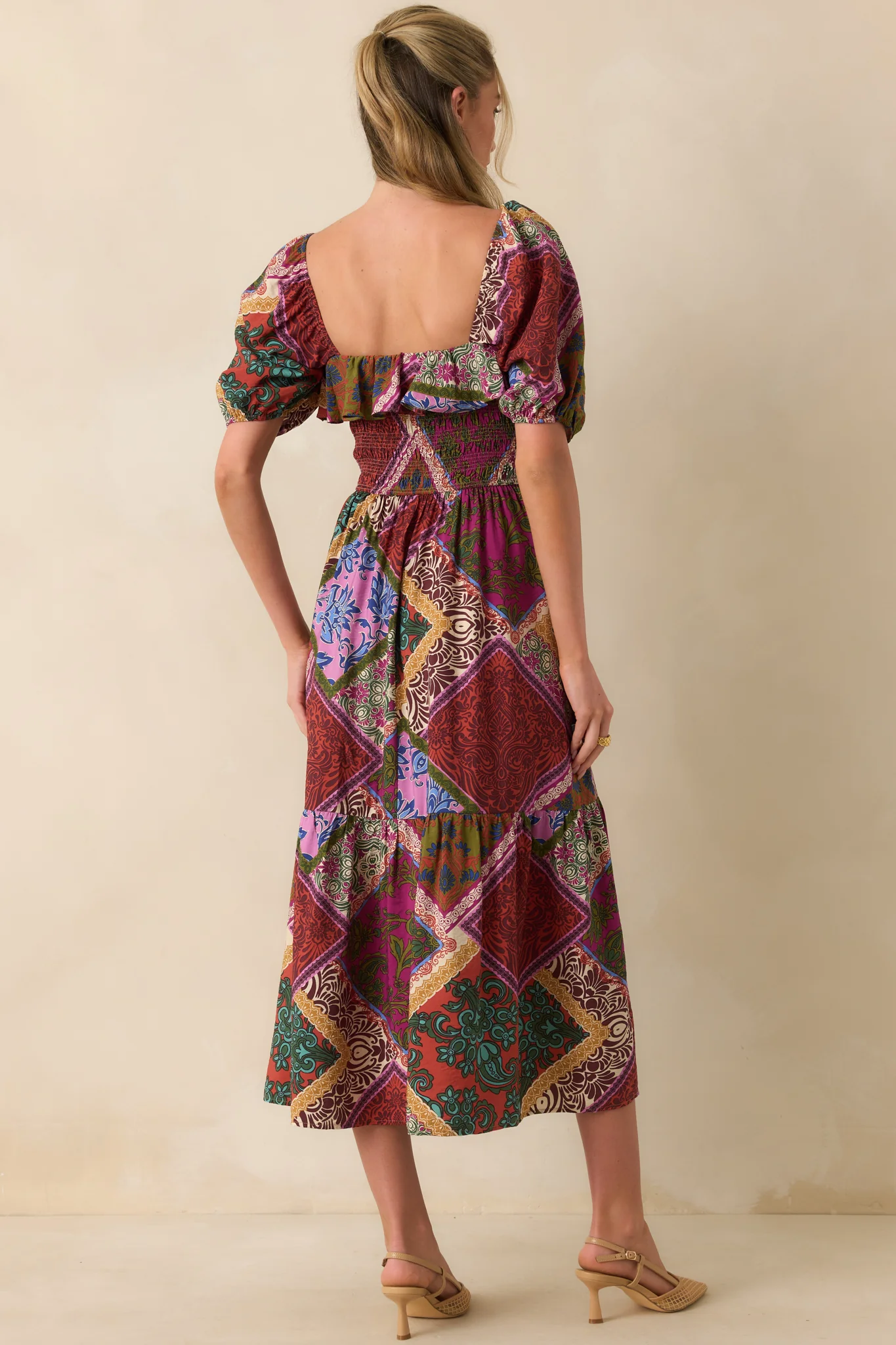 Peace That Lasts Red Multi Patchwork Print Puff Sleeve Midi Dress