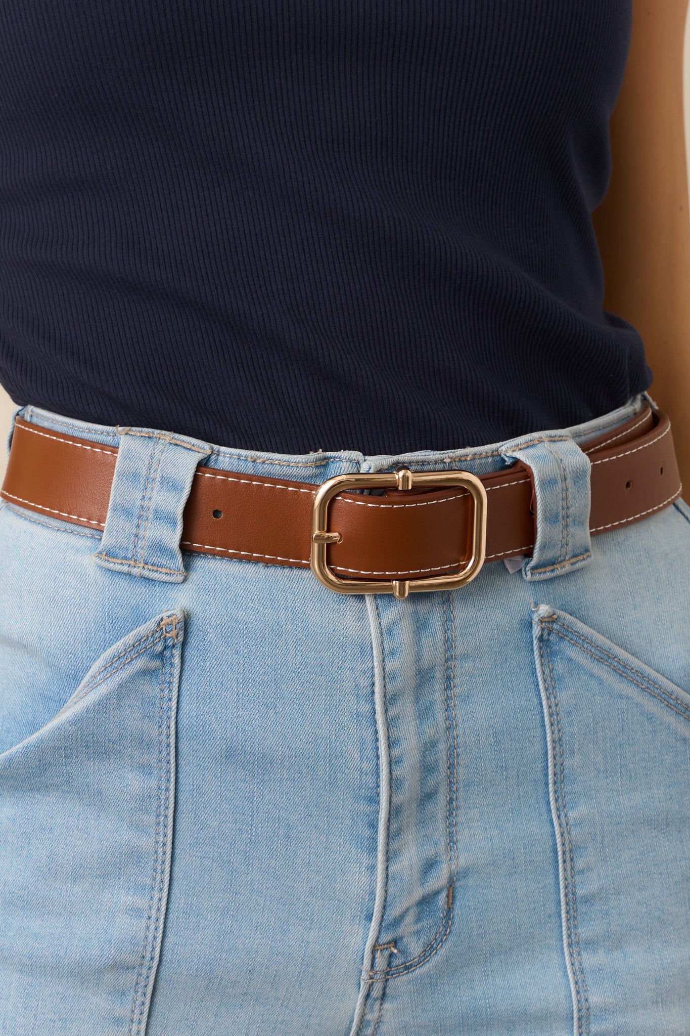 Catching The Train Cognac Brown Stitch Border Belt