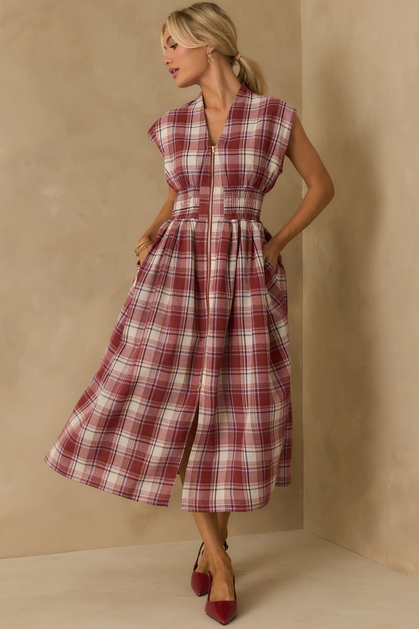 The Evette Red Tartan Plaid Cotton Zip Front Midi Dress