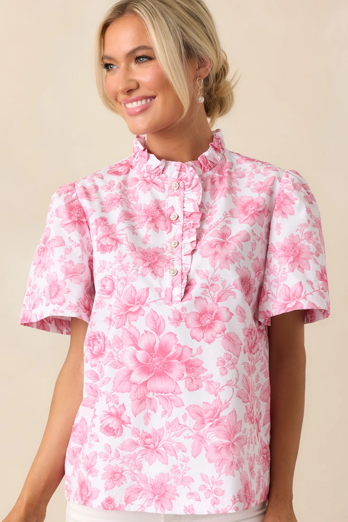 Avery La France Dianthus Pink Floral Cotton Ruffle Top