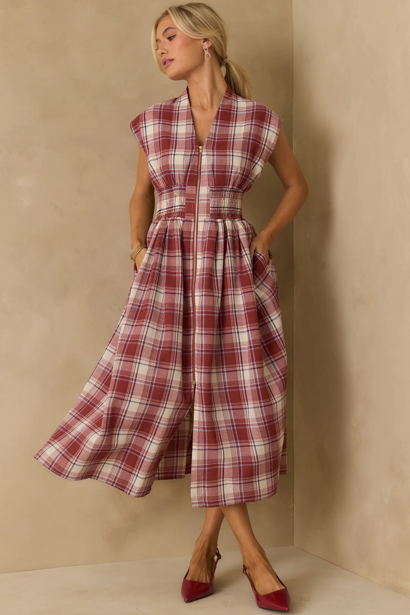 The Evette Red Tartan Plaid Cotton Zip Front Midi Dress