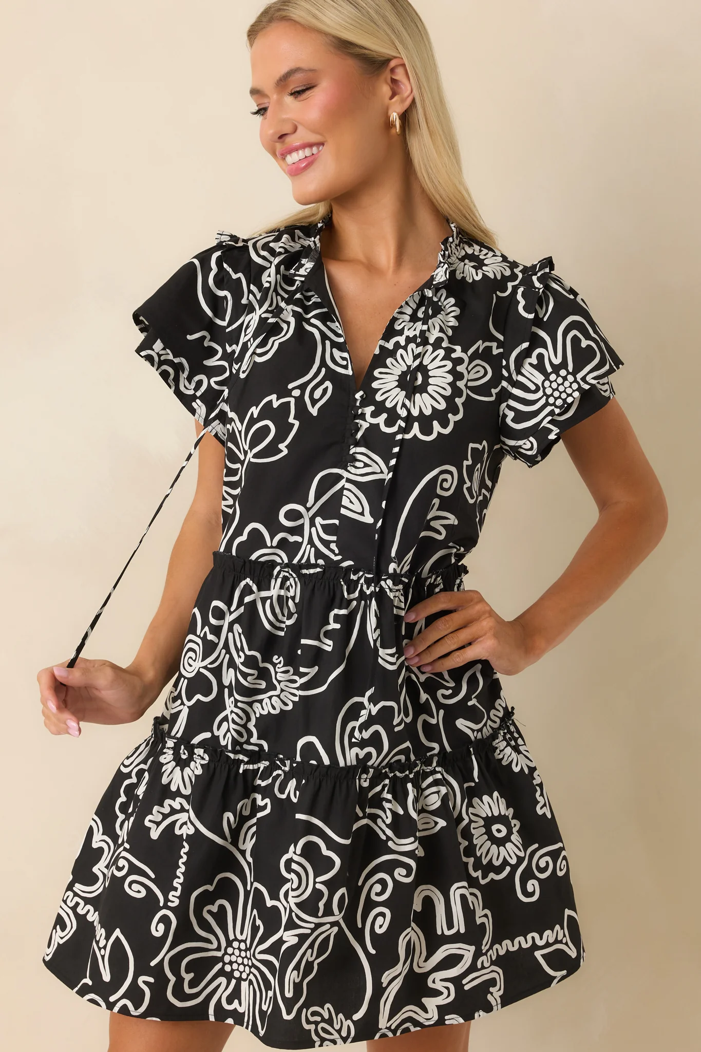 Go Your Way Black Floral Print Cotton Flutter Sleeve Mini Dress