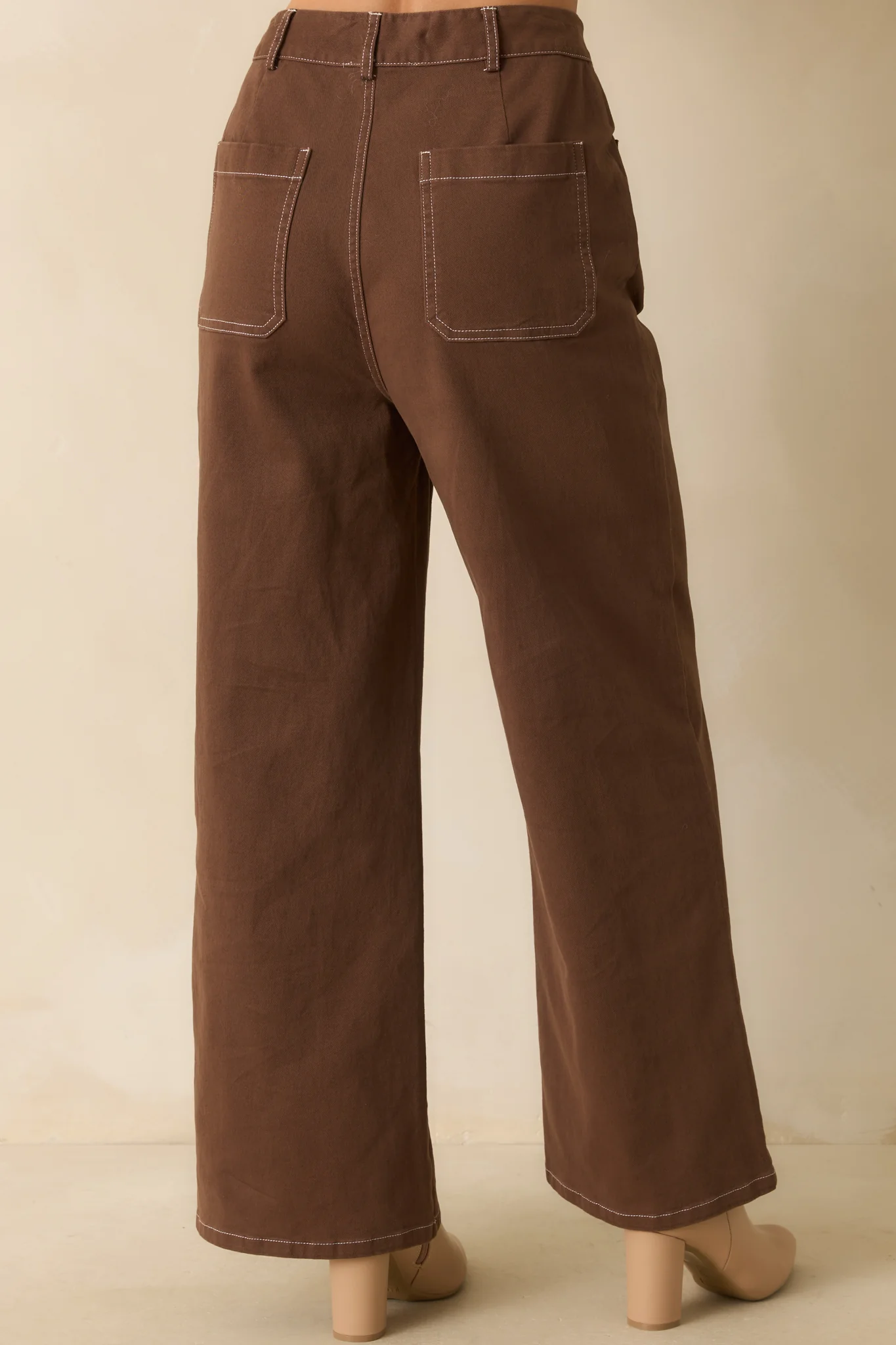 What Makes Sense Brown Cotton Contrast Stitch Wide Leg Pants