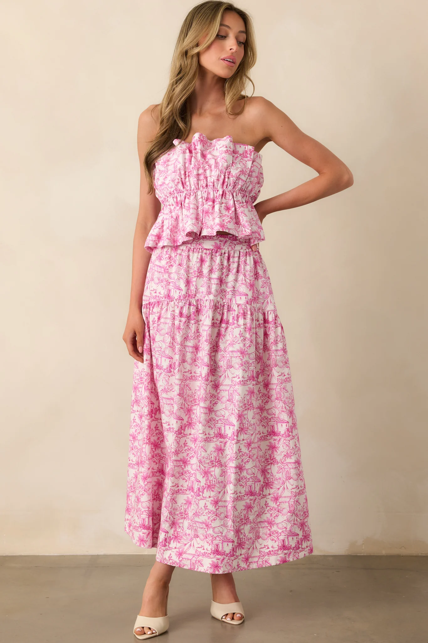Exactly Right Pink Tropical Toile Print Cotton Strapless Peplum Top