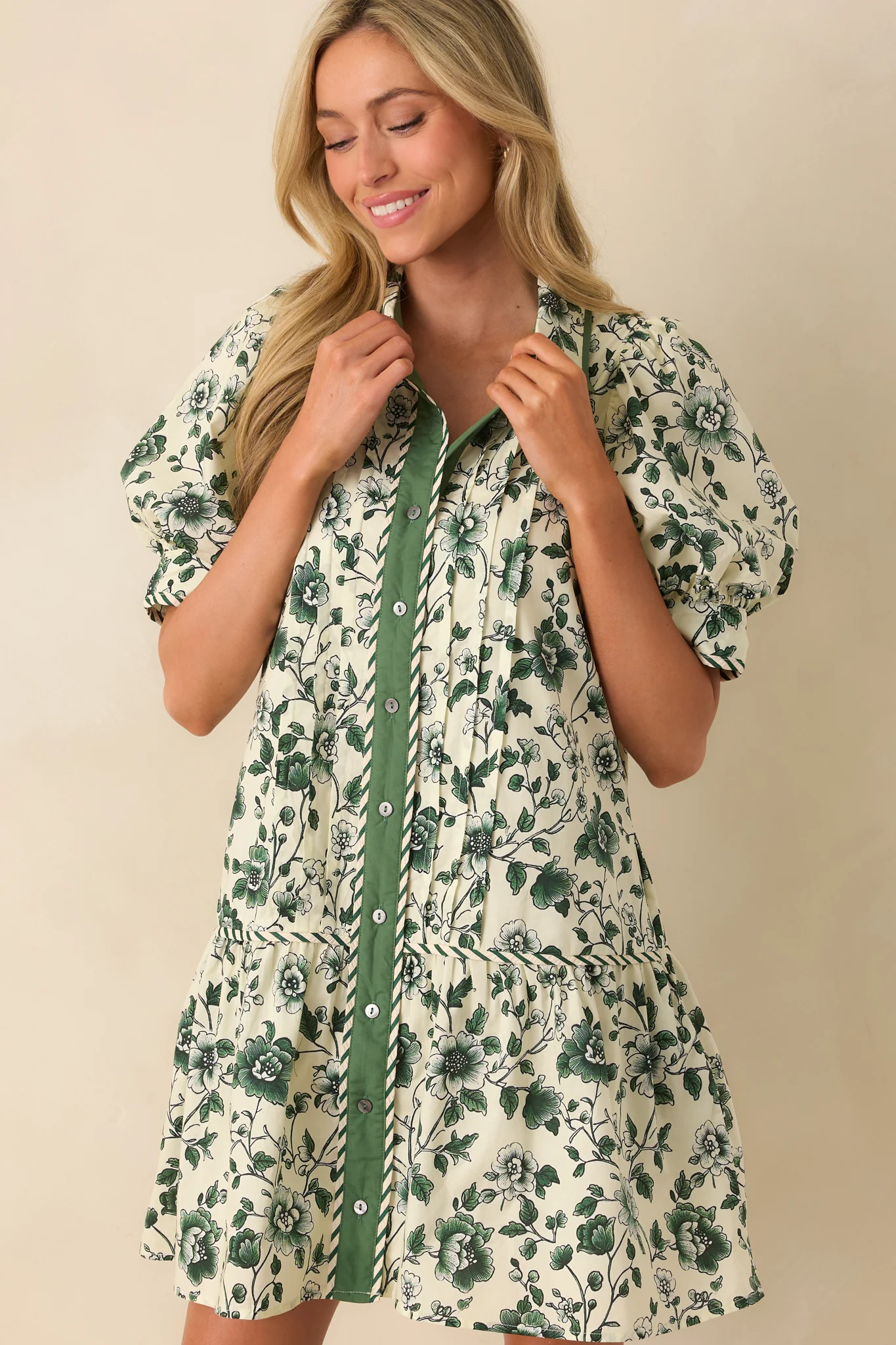 As It Happens Green Floral Print Cotton Puff Sleeve Mini Dress