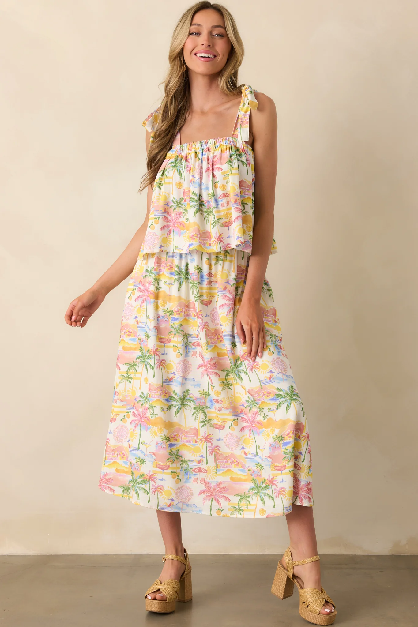 Gone To The Coast Ivory Multi Tropical Print Linen Crop Top