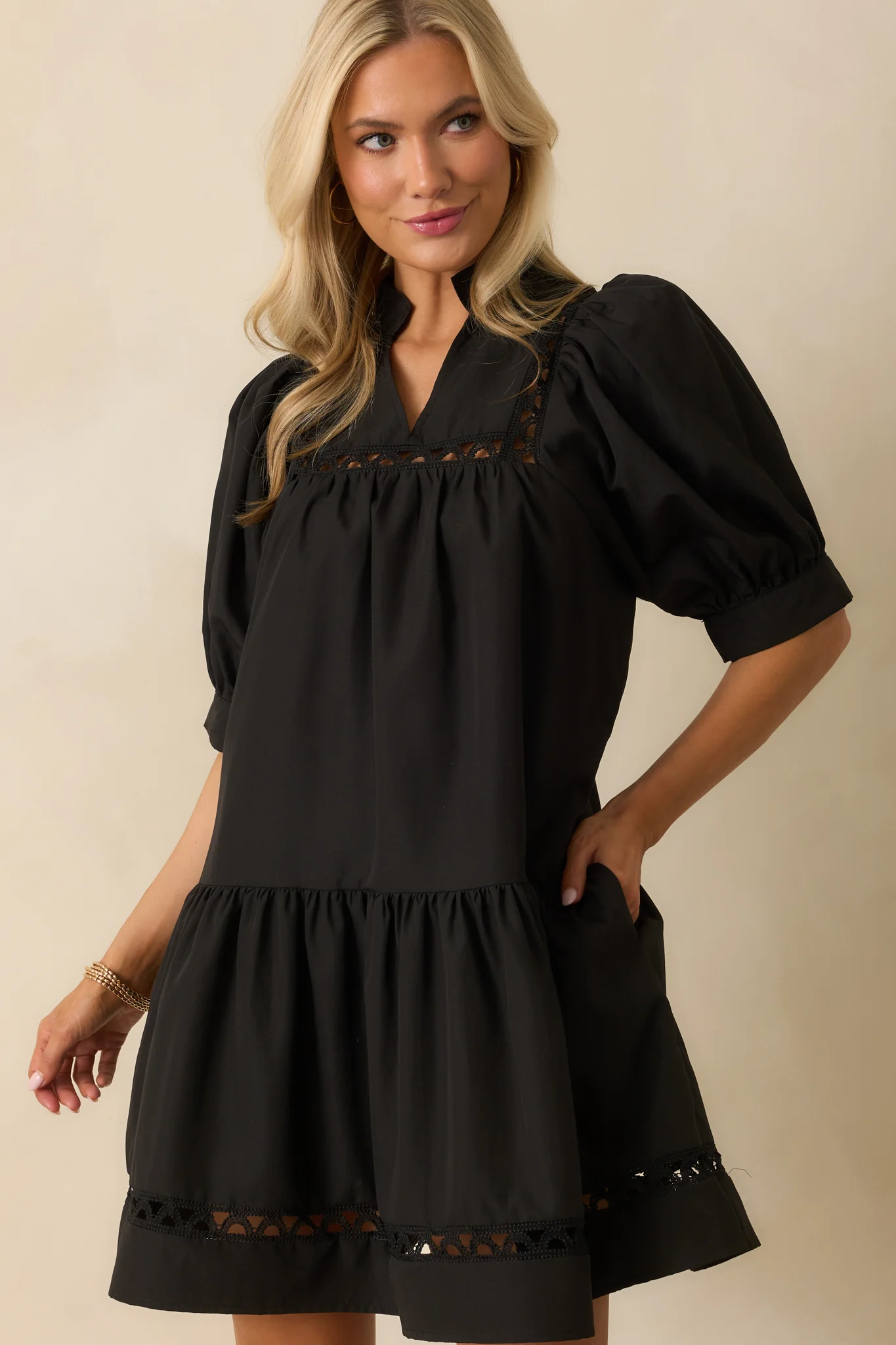 Feels Just Right Black Puff Sleeve Embroidered Eyelet Mini Dress