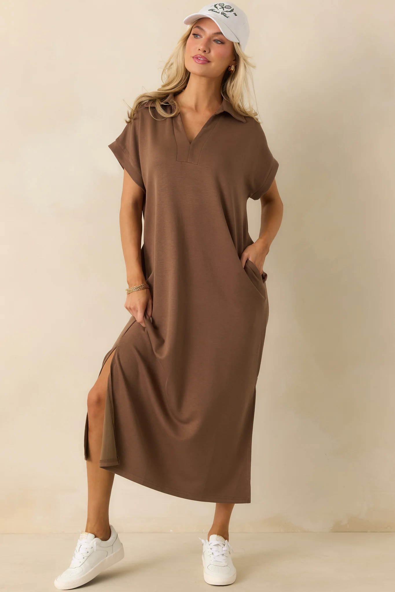 Made The Right Call Mocha Brown Collared Midi T-Shirt Dress