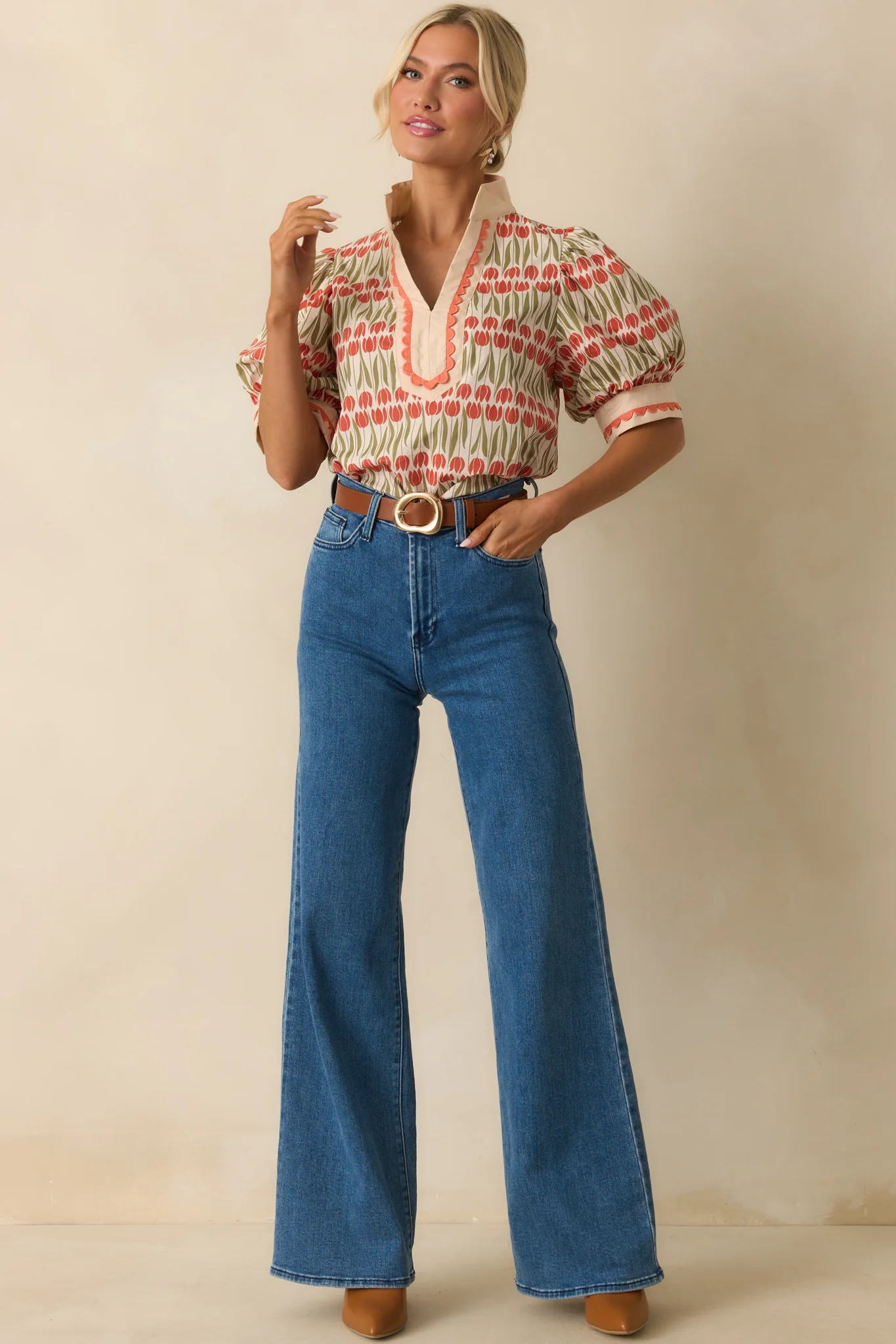 She’s Got Time Ivory Tulip Floral Print Cotton Puff Sleeve Top