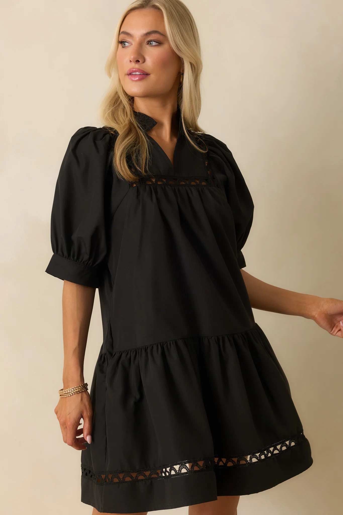 Feels Just Right Black Puff Sleeve Embroidered Eyelet Mini Dress