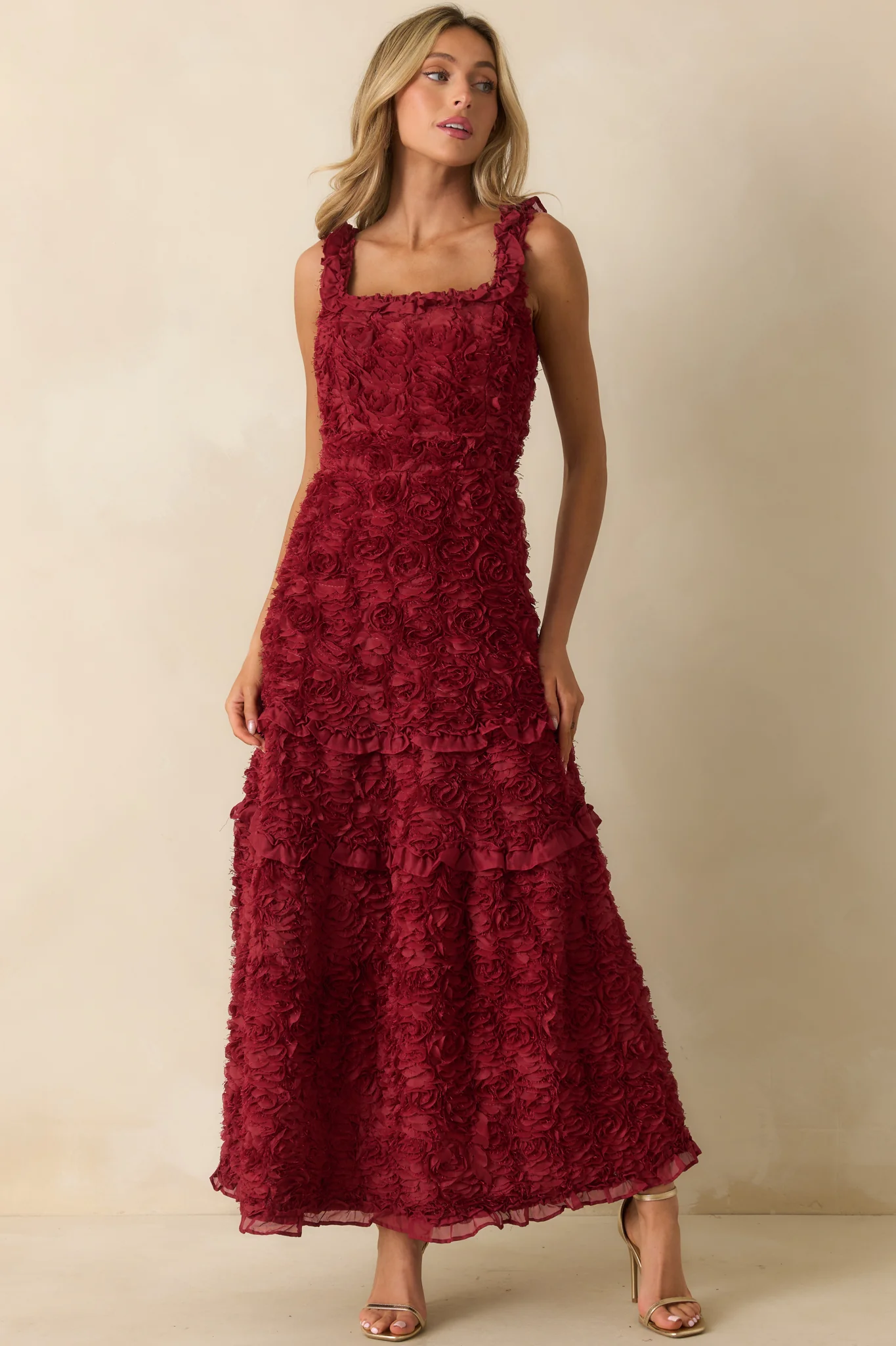 Wine Red Floral Applique Maxi Dress