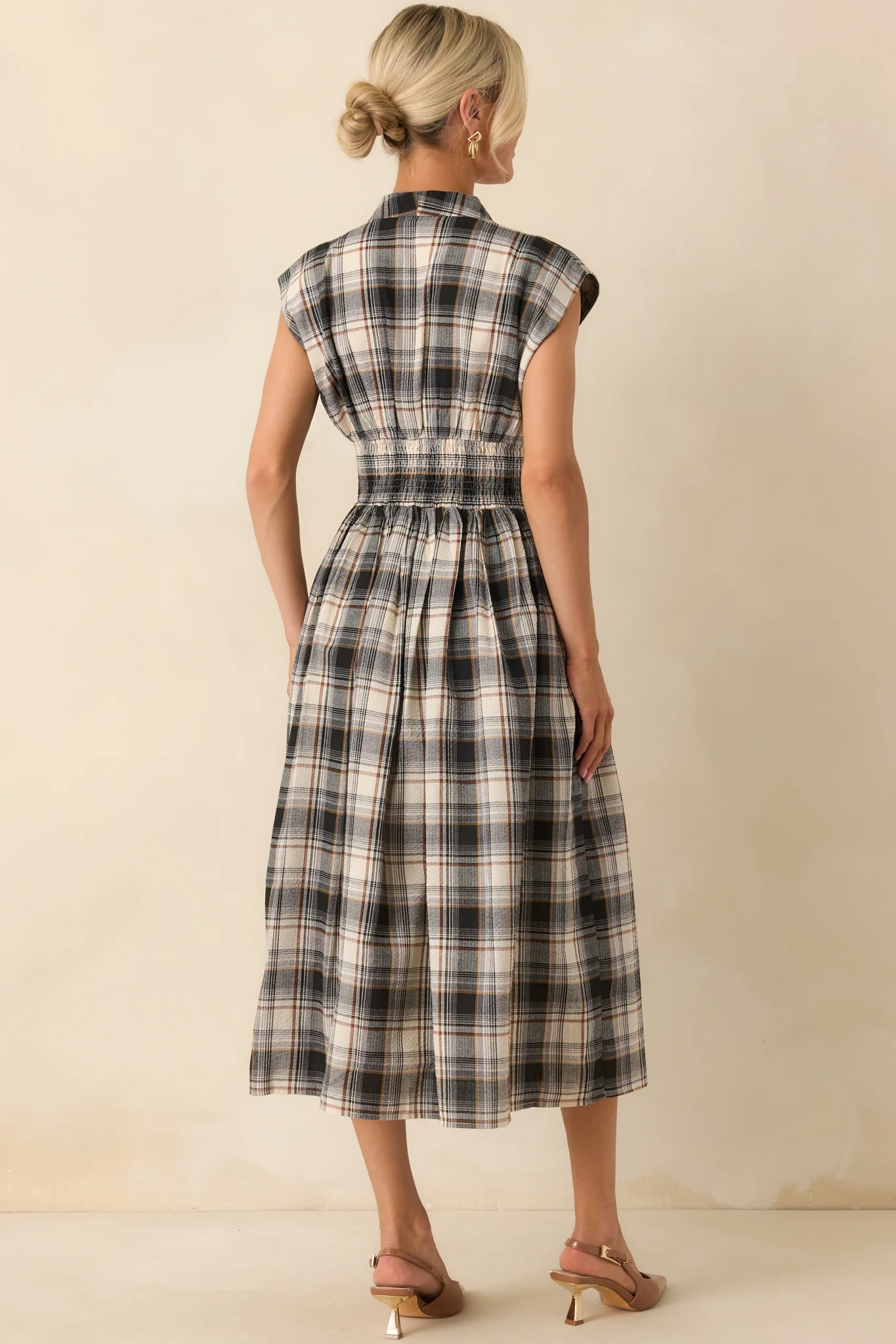 The Evette Black Tartan Plaid Cotton Zip Front Midi Dress