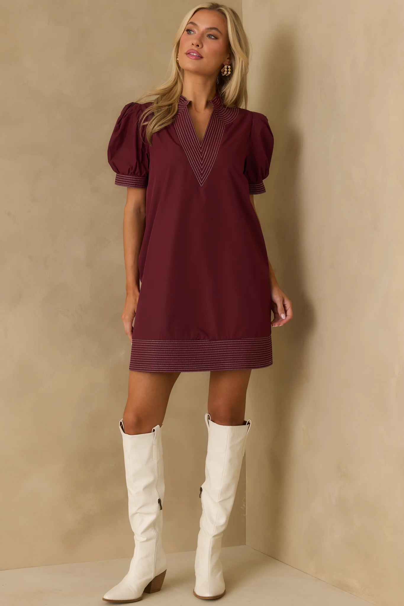 Took The Right Turn Burgundy Cotton Puff Sleeve Mini Dress