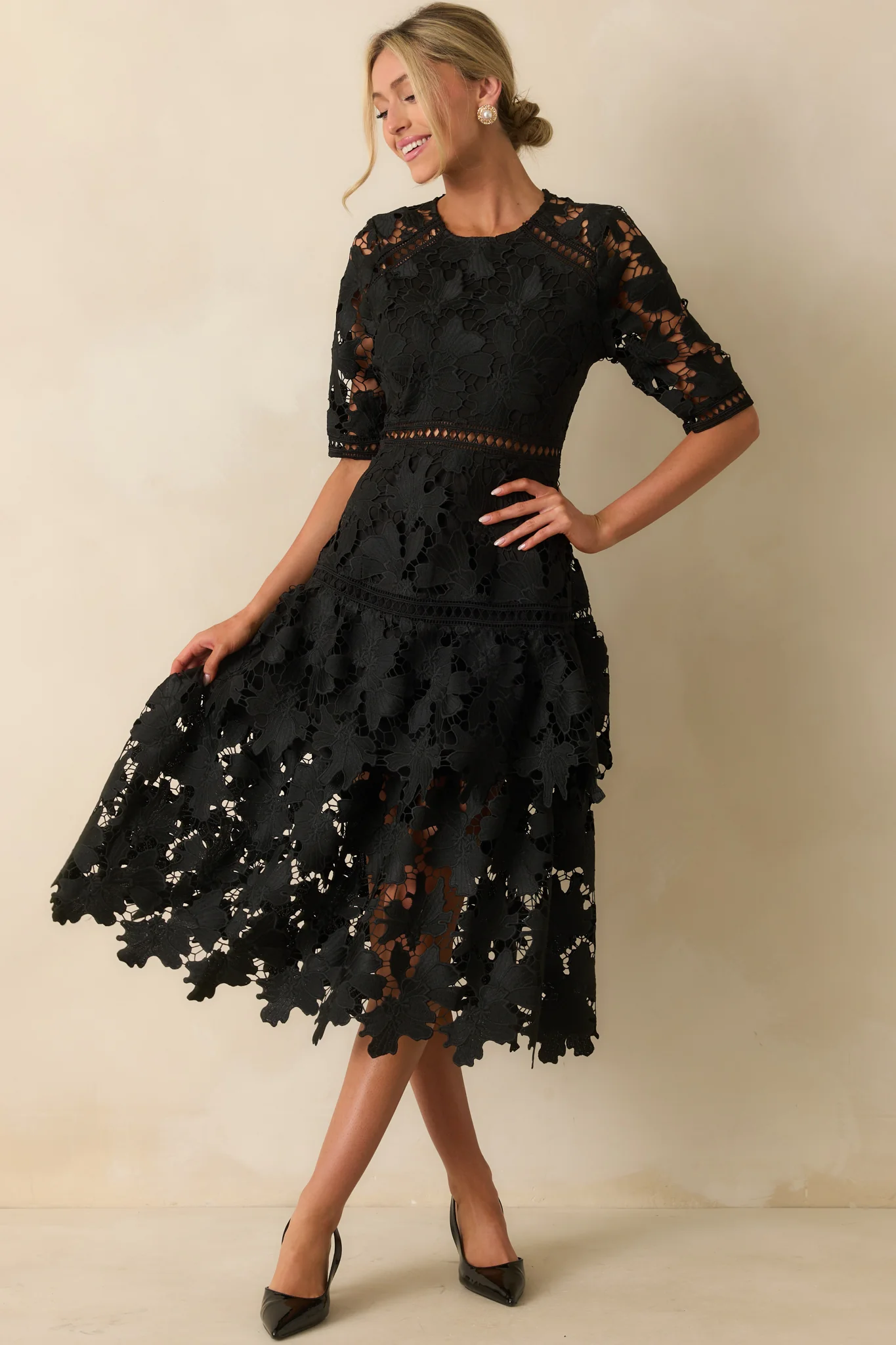 There's Nothing To It Black Lace Tiered Midi Dress