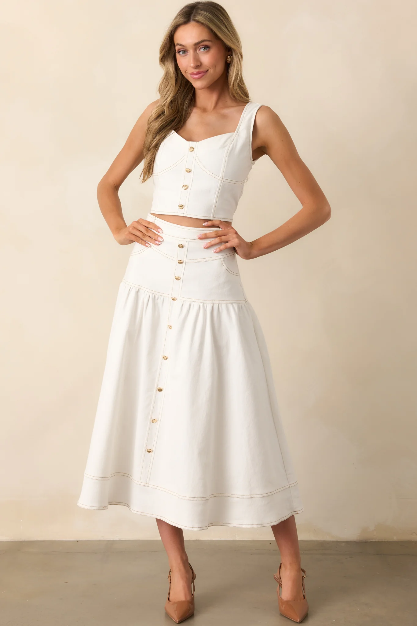 White Denim Button-Front Crop Top