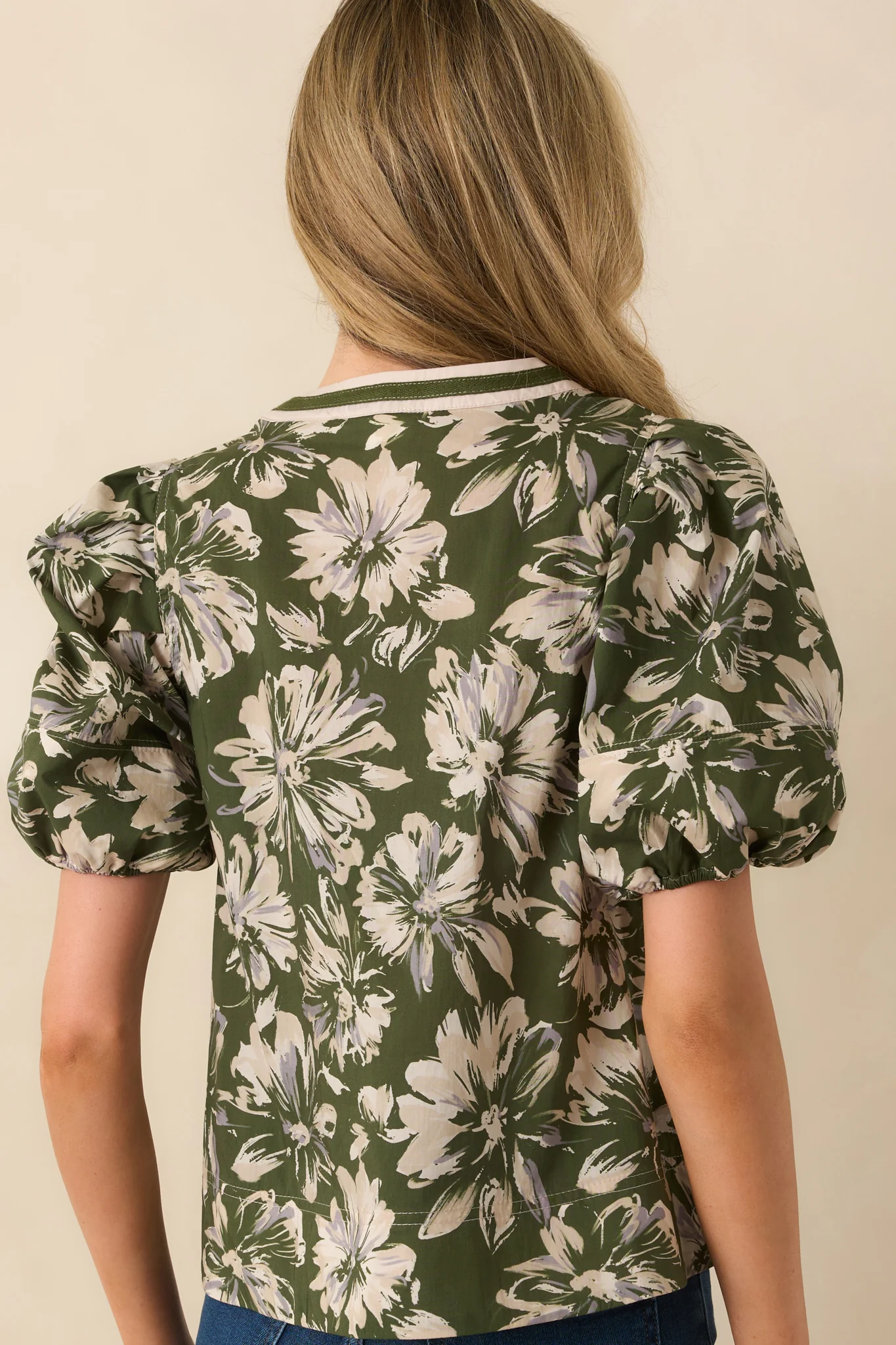 A Good Sign Olive Green Floral Print Cotton Puff Sleeve Top