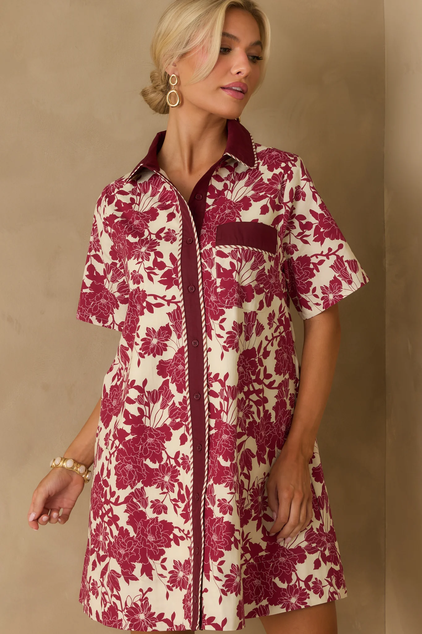 Right Where I Belong Burgundy Multi Floral Print Mini Shirt Dress