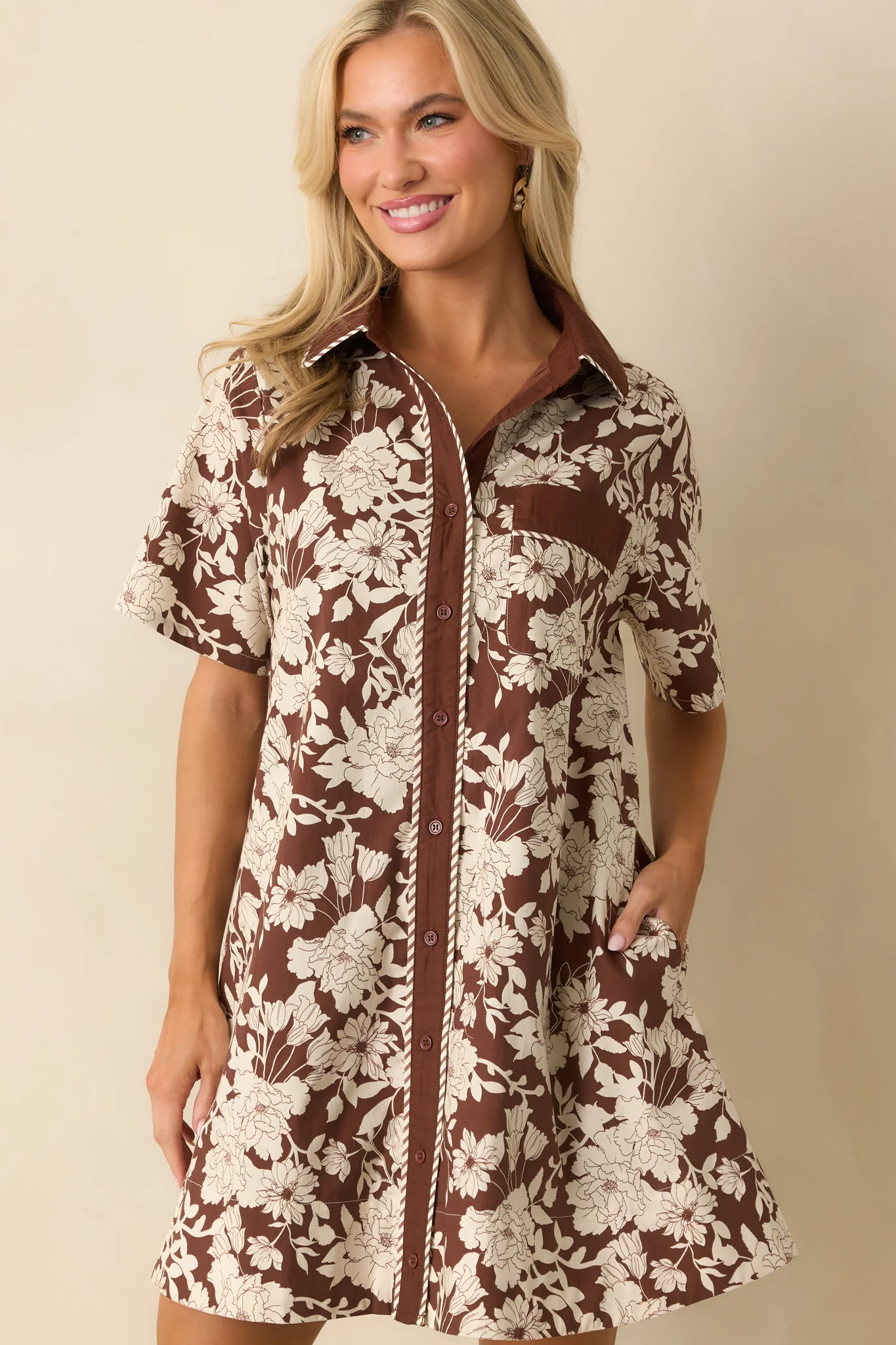 Right Where I Belong Brown Multi Floral Print Mini Shirt Dress