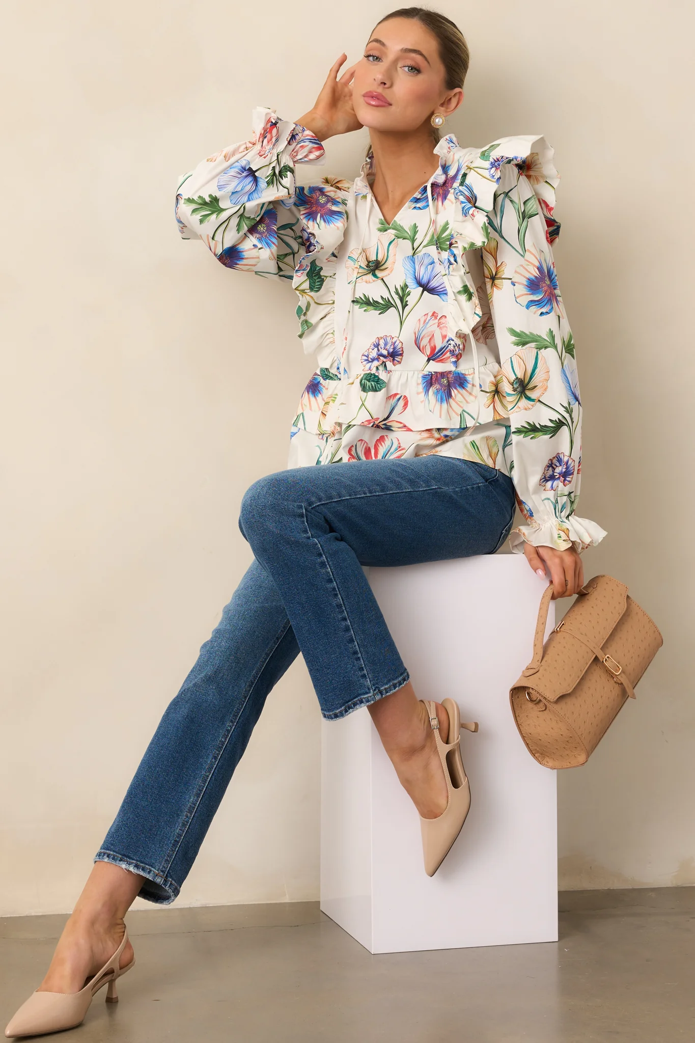 Prosperina Faye Ivory Multi Floral Print Cotton Ruffle Top