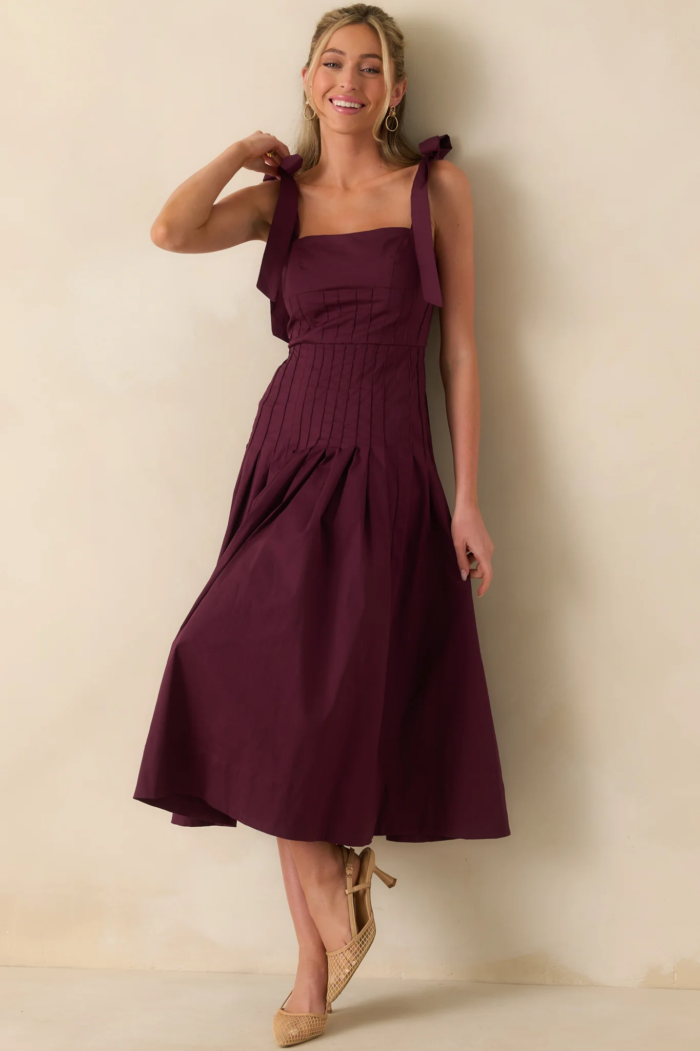 Every Bit of Lovely Sangria Cotton Pleated Drop Waist Midi Dress