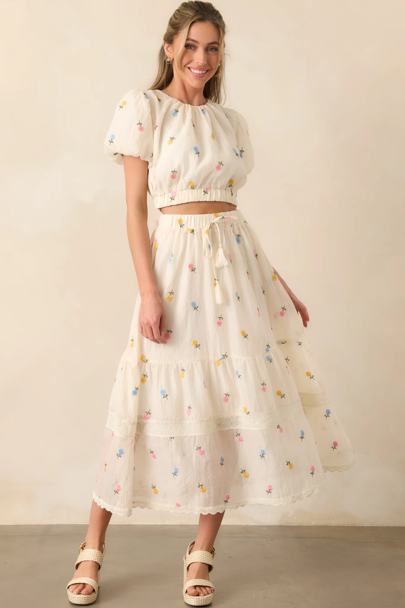 Stay Resilient Ivory Floral Embroidered Puff Sleeve Top