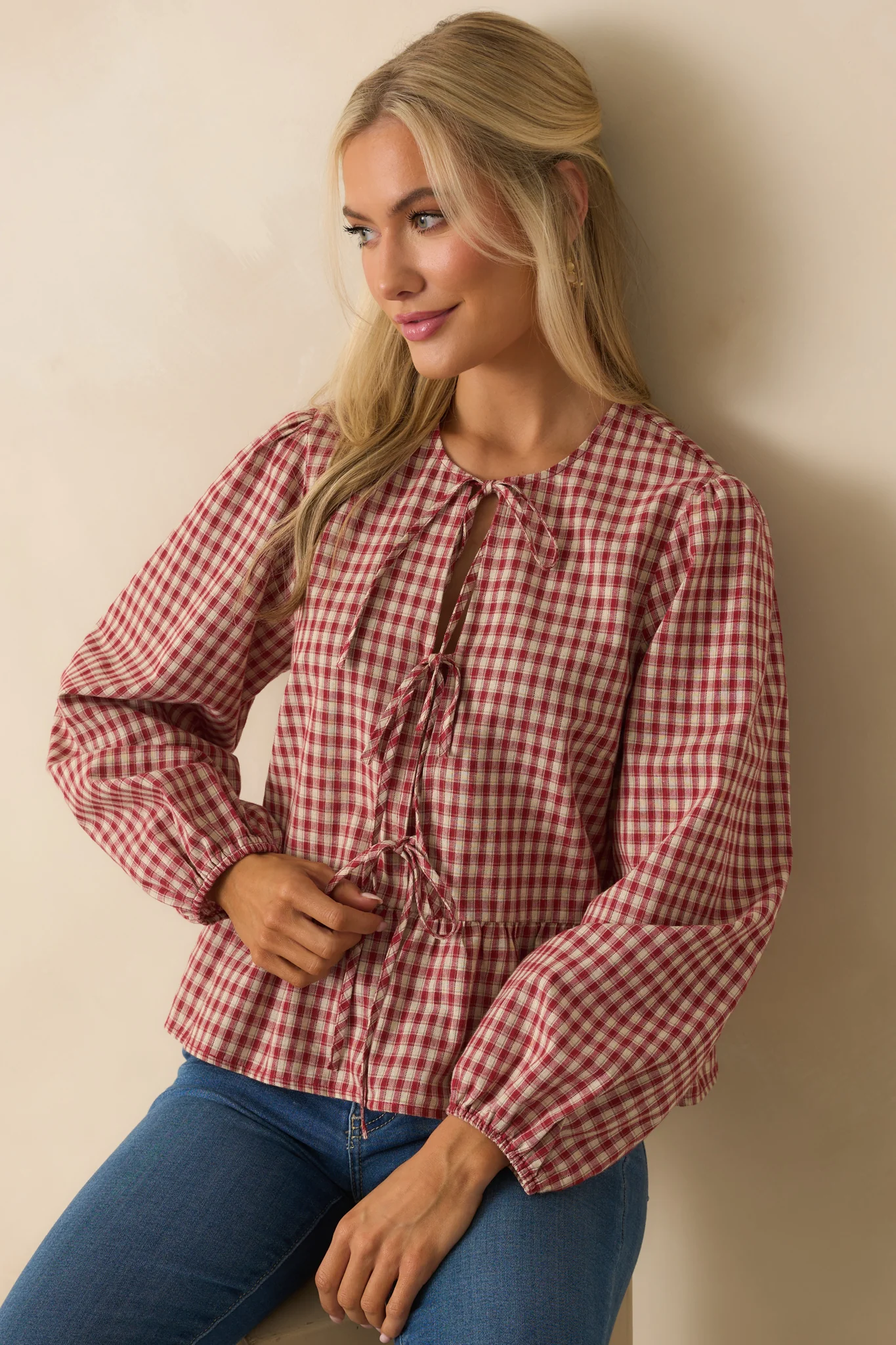 Her Own Thing Red Gingham Long Sleeve Bow Front Peplum Top