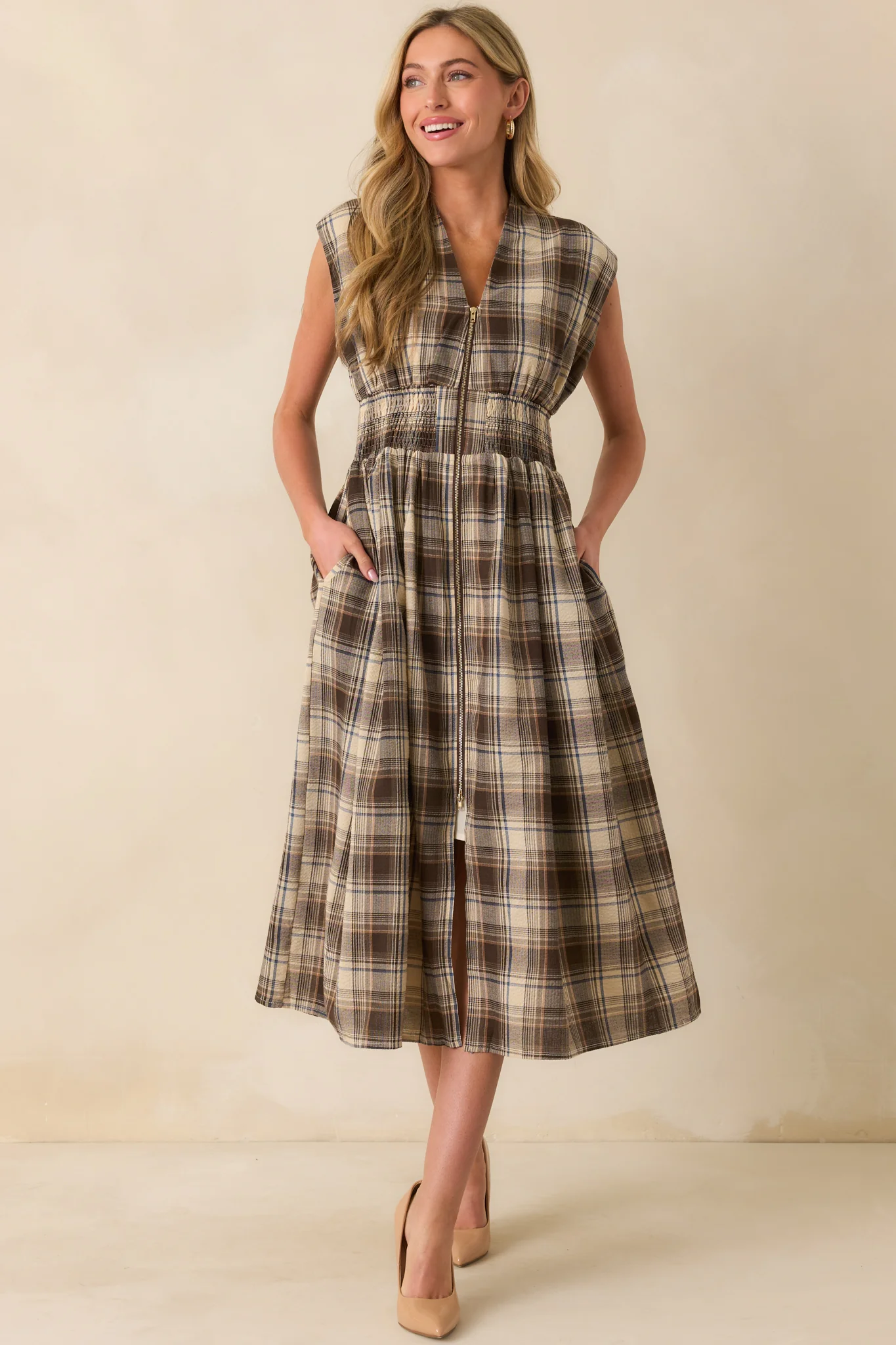 The Evette Mocha Brown Tartan Plaid Cotton Zip Front Midi Dress