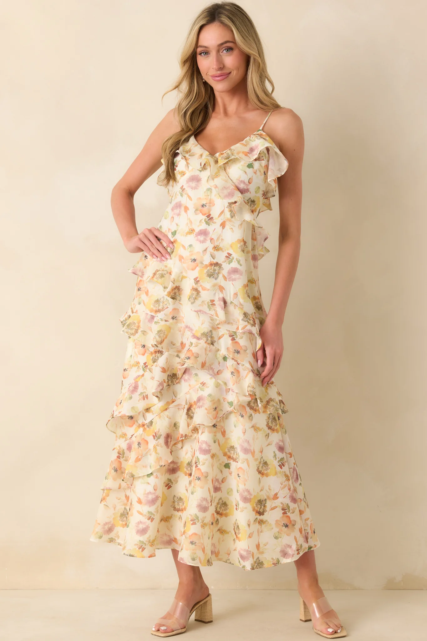 Left Me Speechless Ivory Multi Floral Print Ruffle Maxi Dress