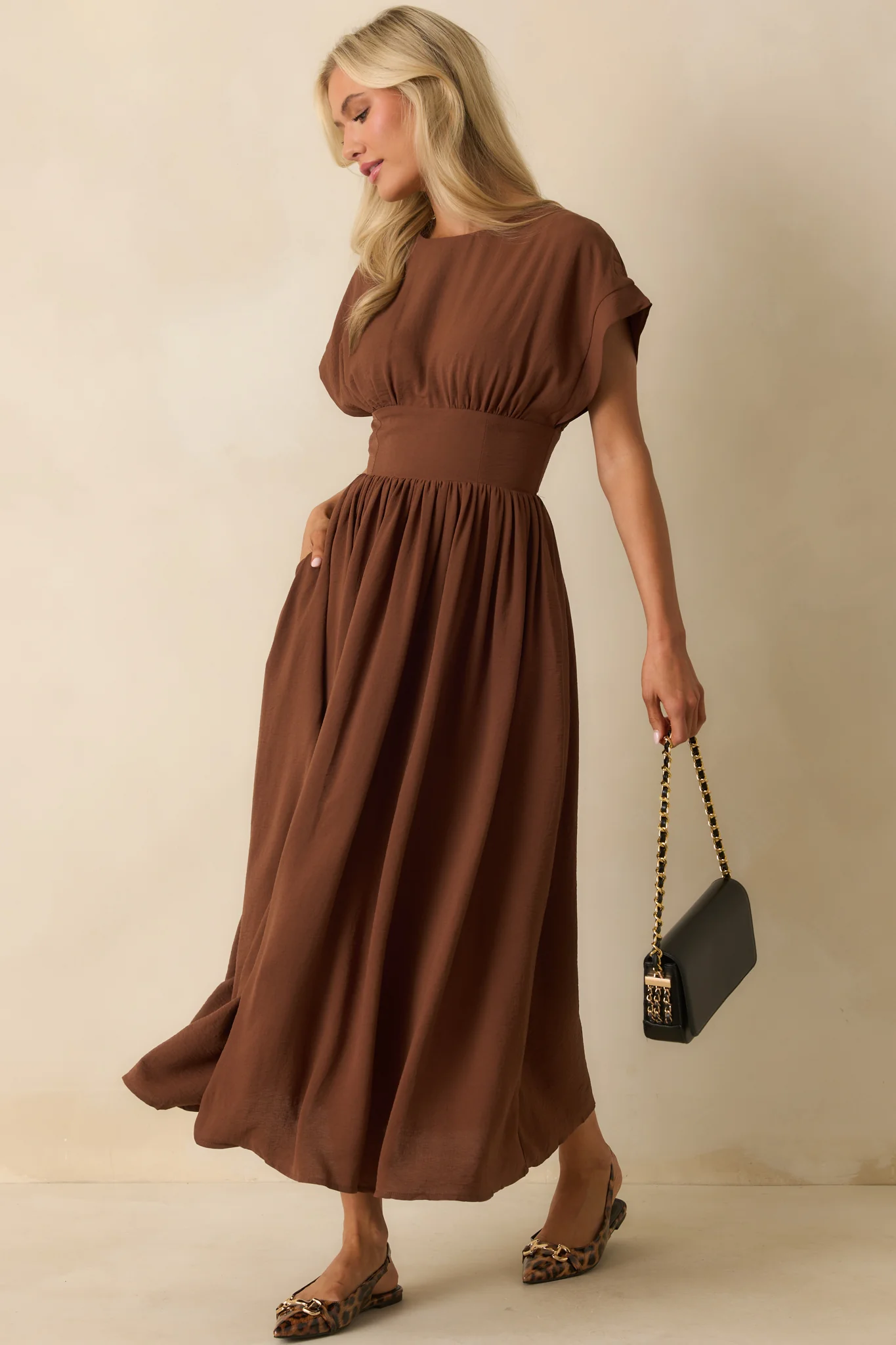 As Promised Brown Short Sleeve Cinched Waist Maxi Dress