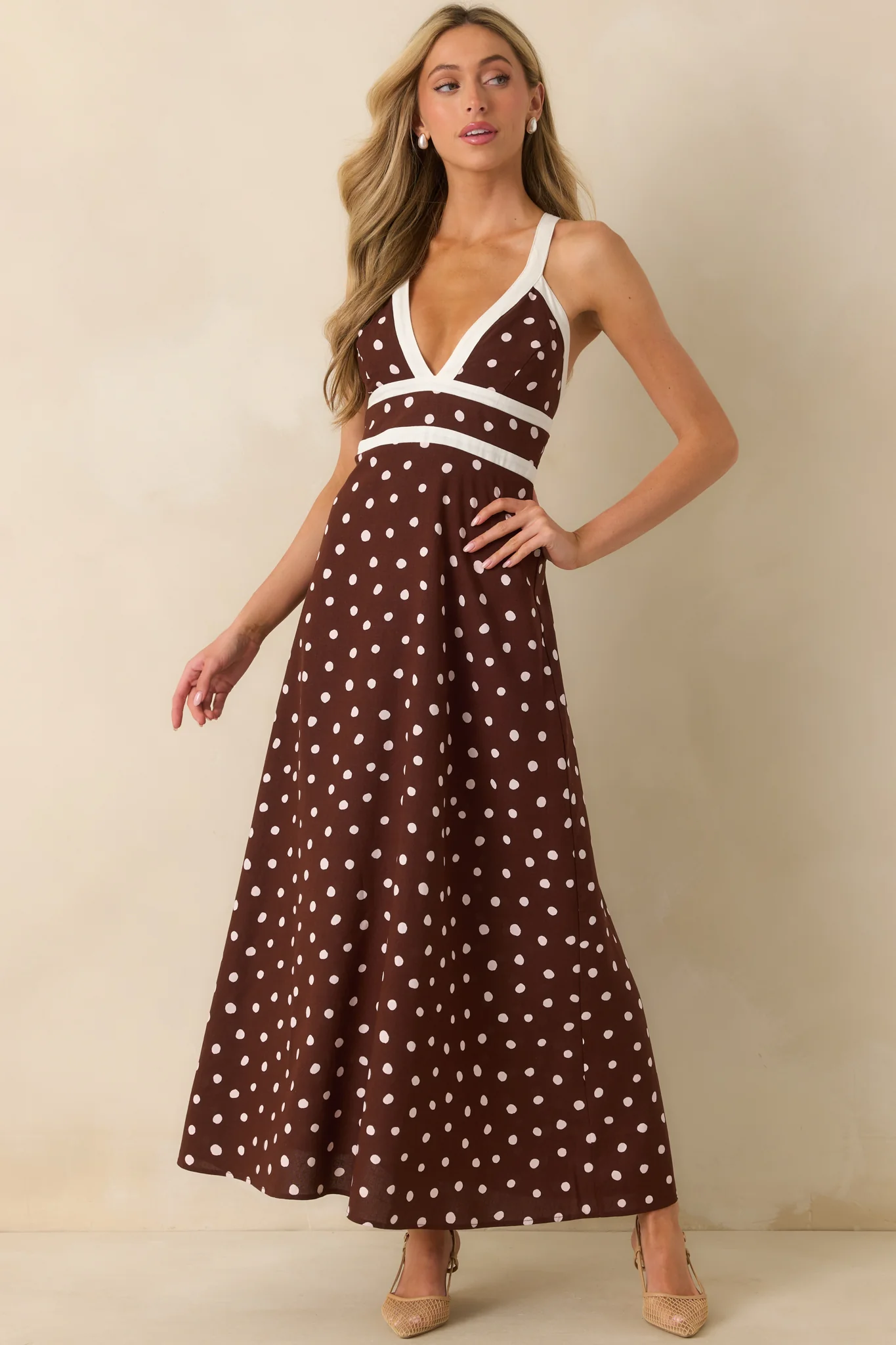 MINKPINK Chocolate Brown Polka Dot Cedar Spot Cross Back Maxi Dress