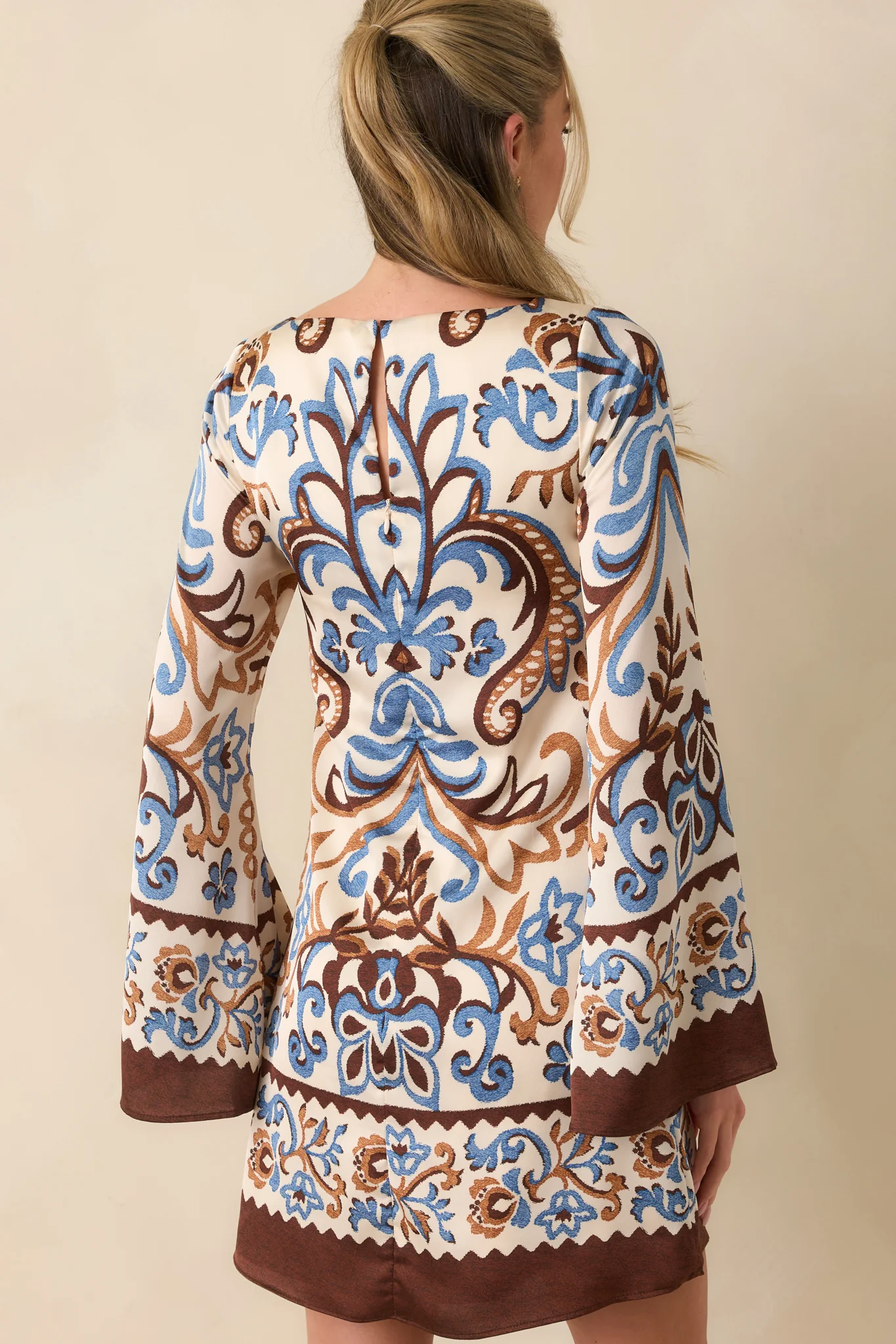 Don't Second Guess It Ivory Multi Print Satin Long Sleeve Mini Dress