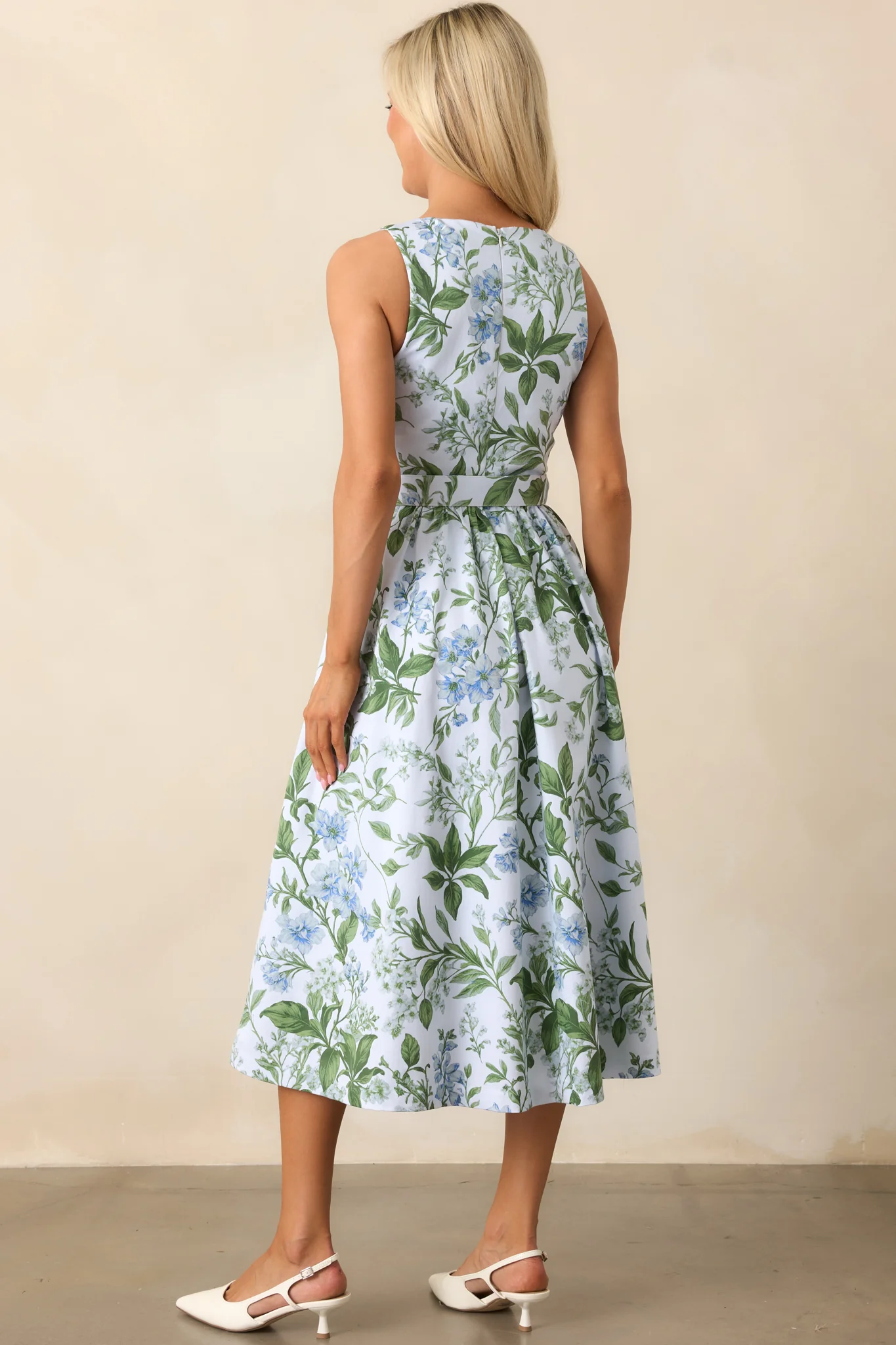 Ava Blue Lilacs Botanical Print Cotton Belted Midi Dress