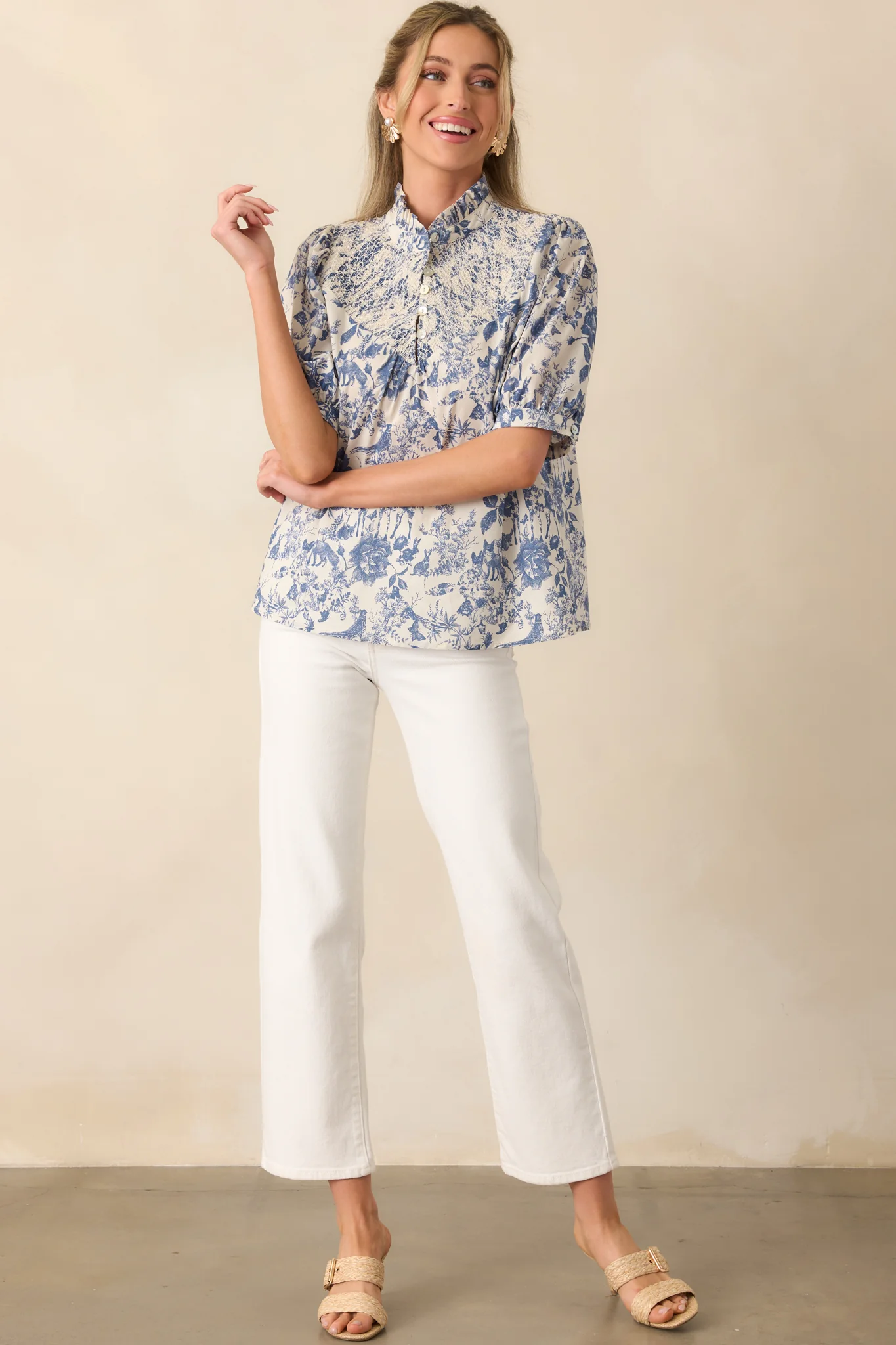 Blue Cotton Toile Half Sleeve Top