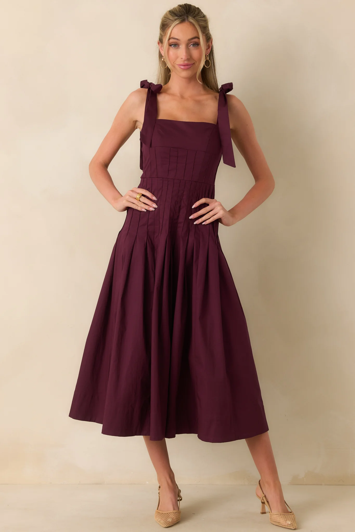Every Bit of Lovely Sangria Cotton Pleated Drop Waist Midi Dress