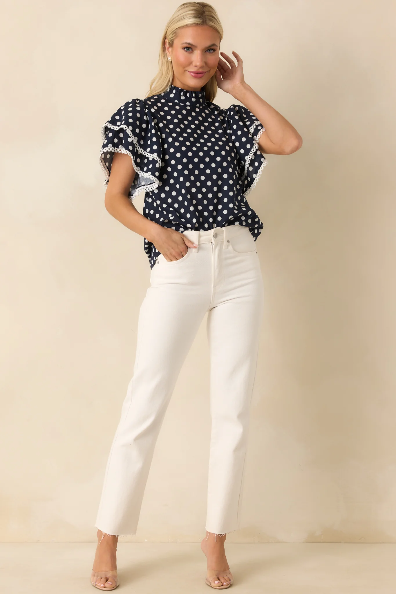 Prosperina Blair Navy Polka Dot Cotton Ruffle Top