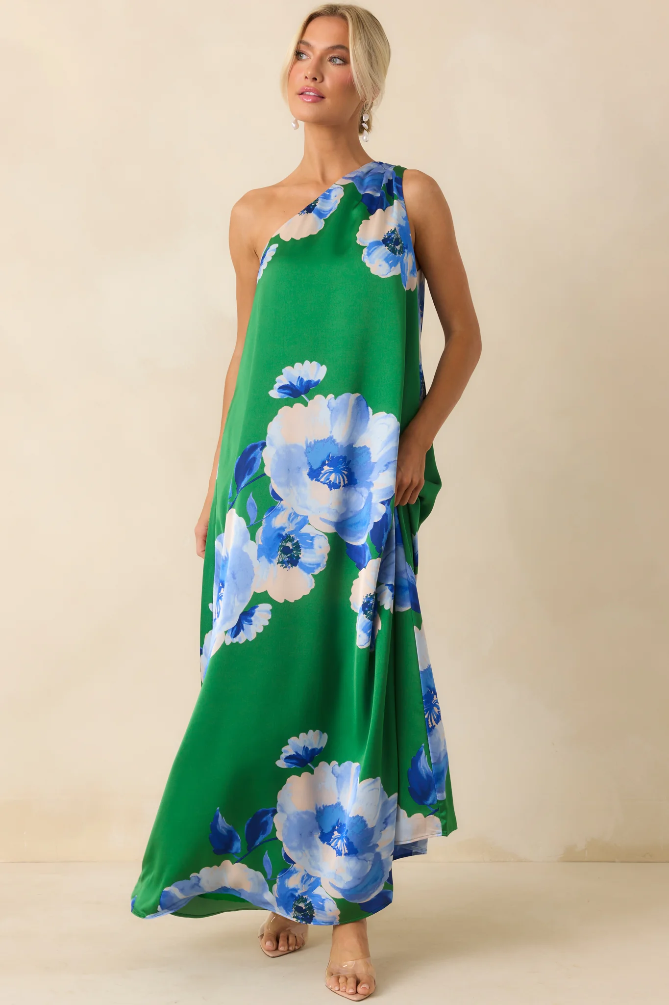 No Introduction Green Multi Floral Print Satin One Shoulder Maxi Dress