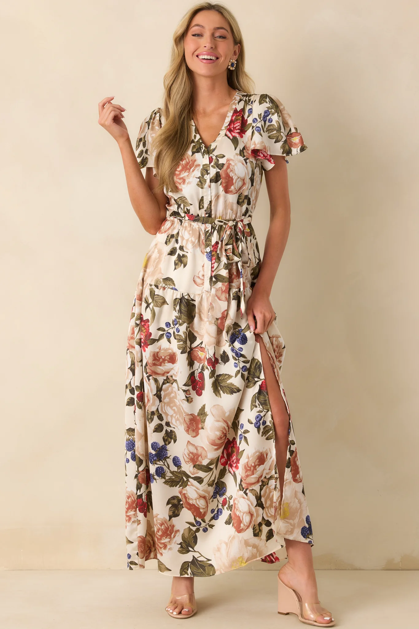 Staying True Ivory Multi Floral Print Satin Maxi Dress