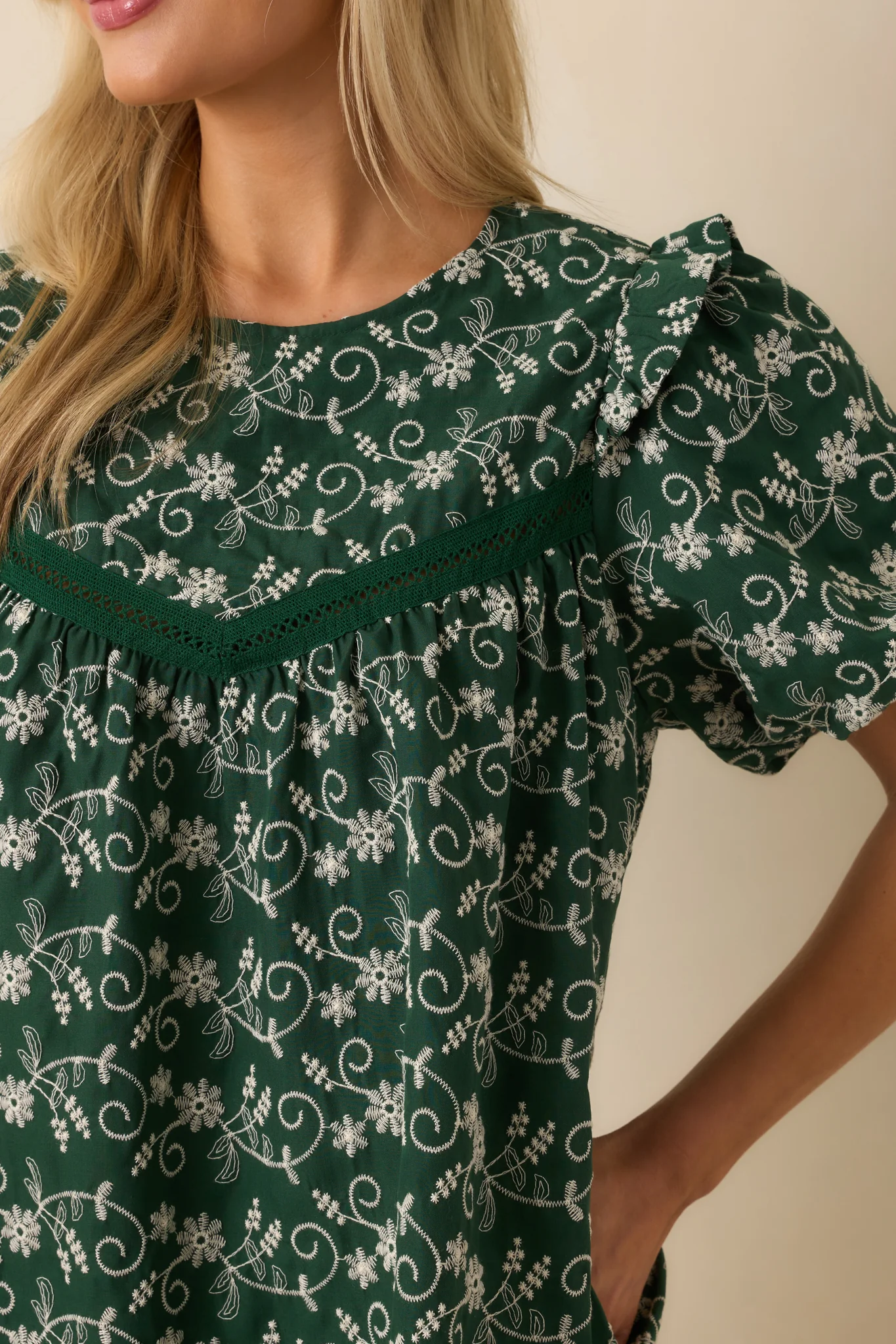 Already Knew Hunter Green Floral Embroidered Eyelet Mini Dress